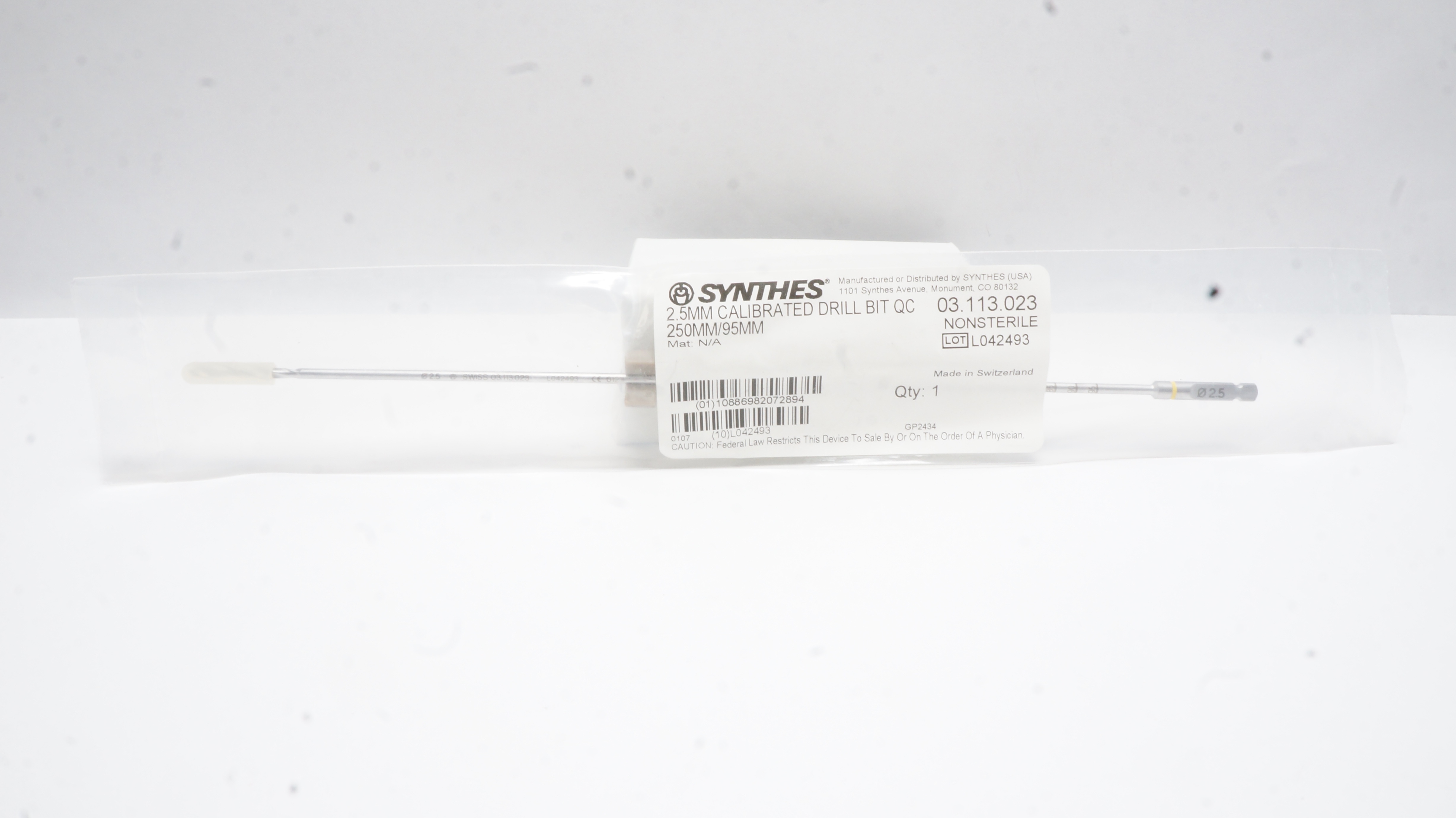 Synthes 03.113.023 2.5mm Calibrated Drill Bit QC 250mm/95mm