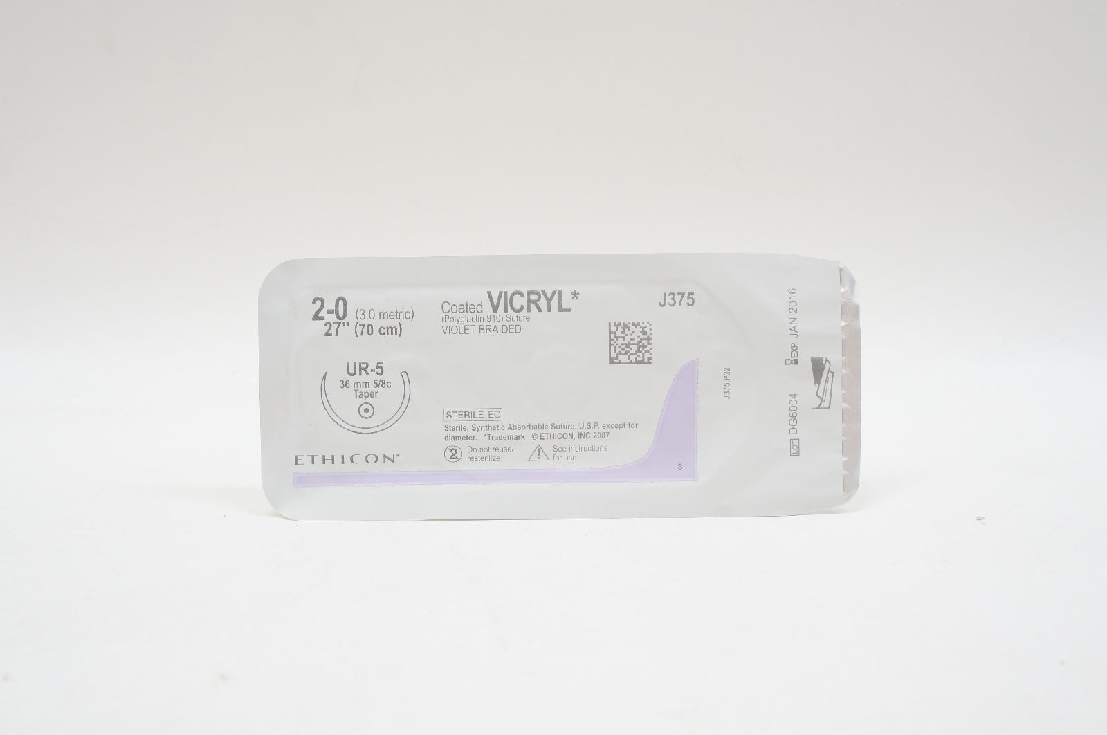 Ethicon J375 2-0 VICRYL, UR-5, 36mm 5/8c Taper, 27inch (x) ~ Lot of 34