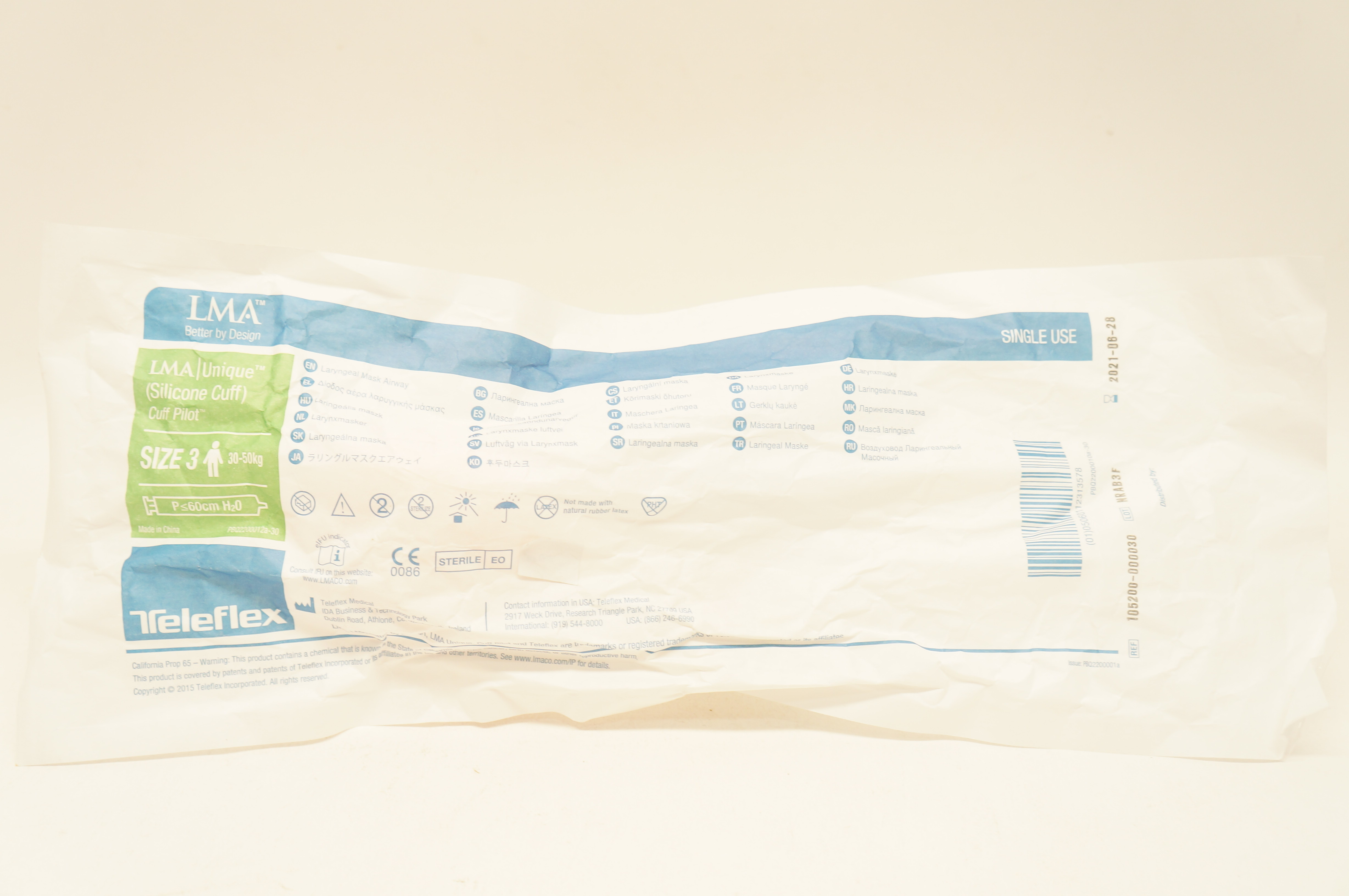 Teleflex 105200-000030 LMA Unique Laryngeal Mask Airway Size 3 30-50kg (x)
