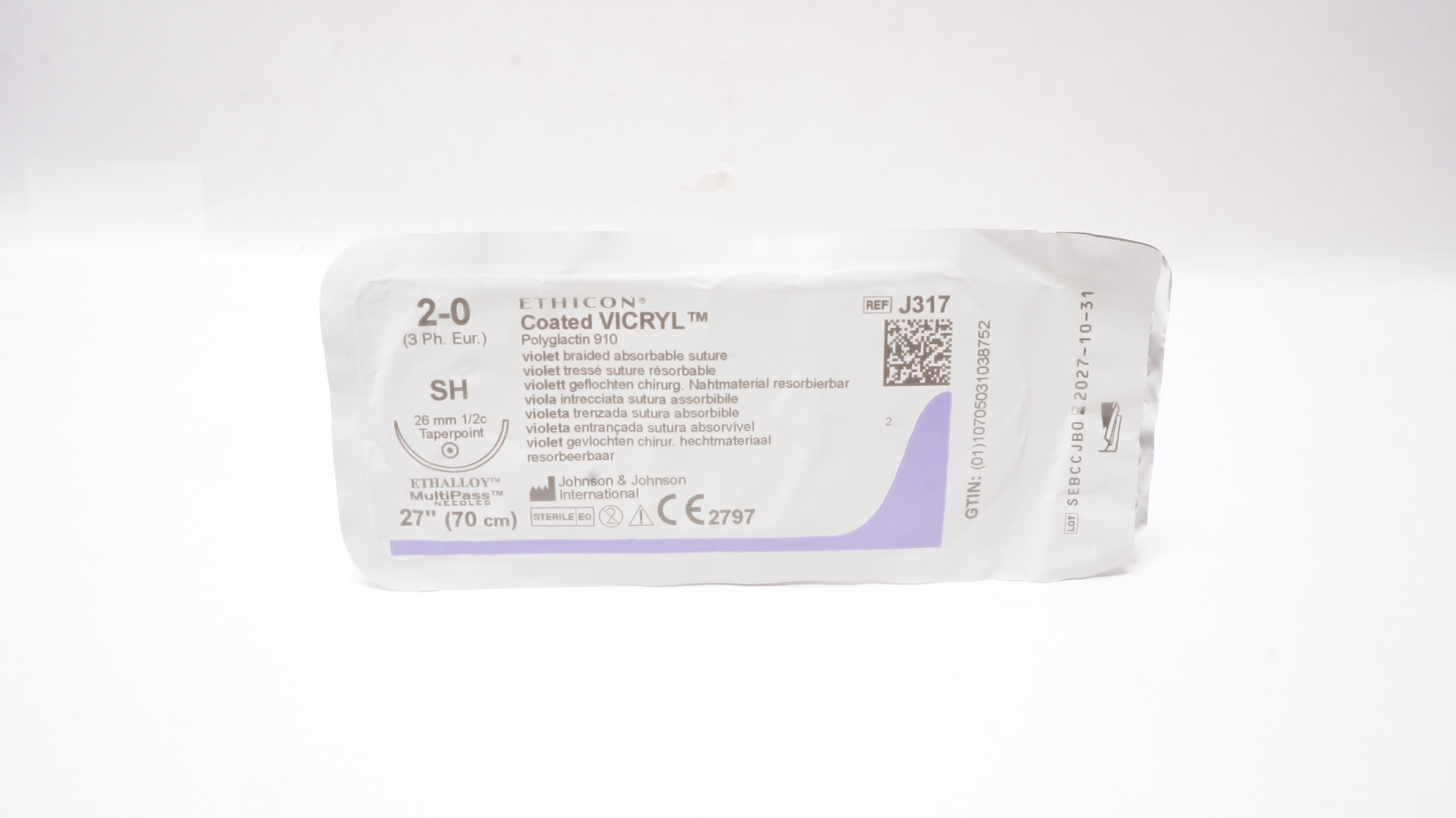 Ethicon J317 2-0 Coated VICRYL Polyglactin Stre  SH 26mm 1/2c Taperpoint, 27inch