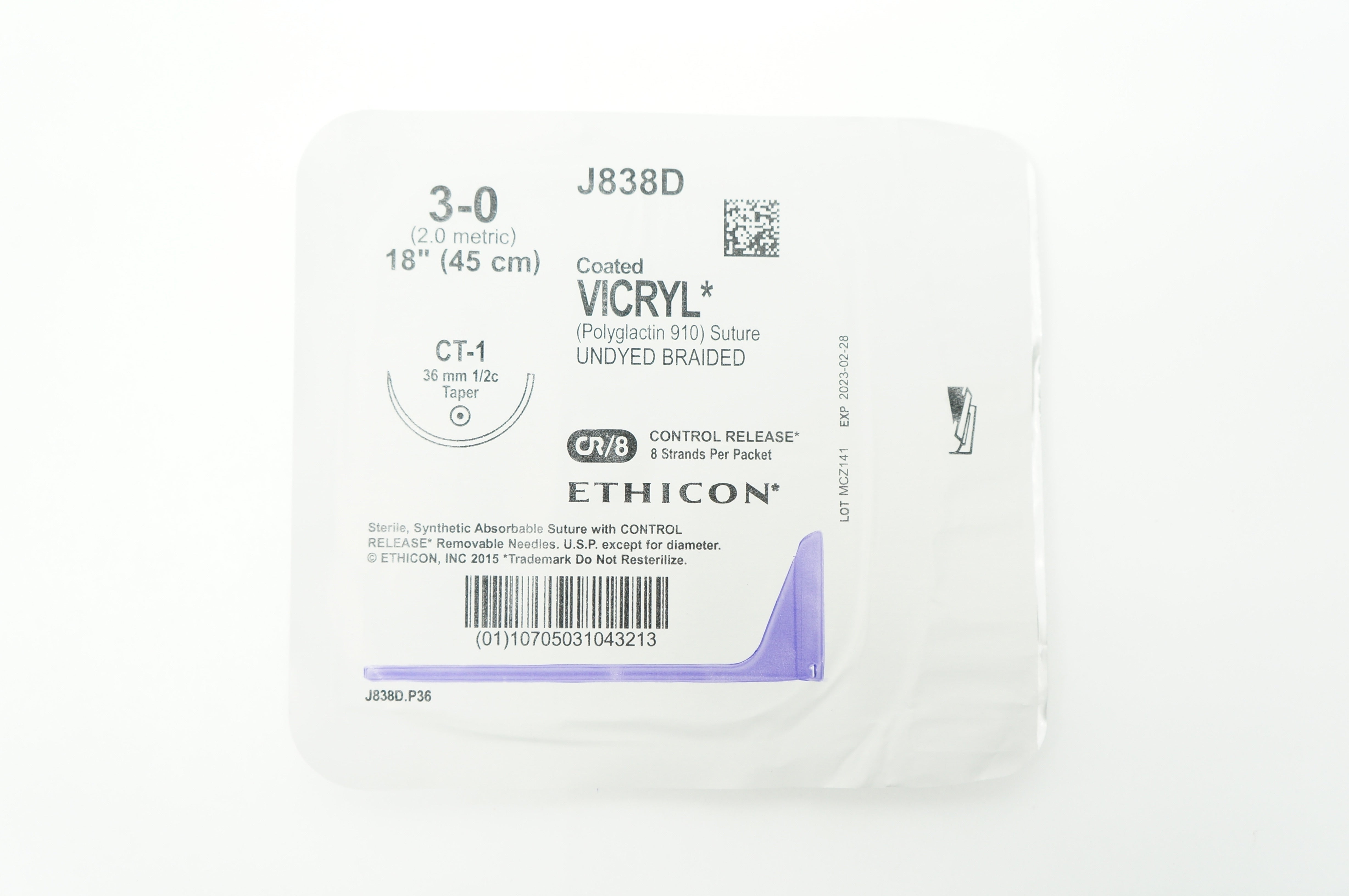 Ethicon J838D 3-0 VICRYL CT-1 36mm 1/2c Taper 18 inch