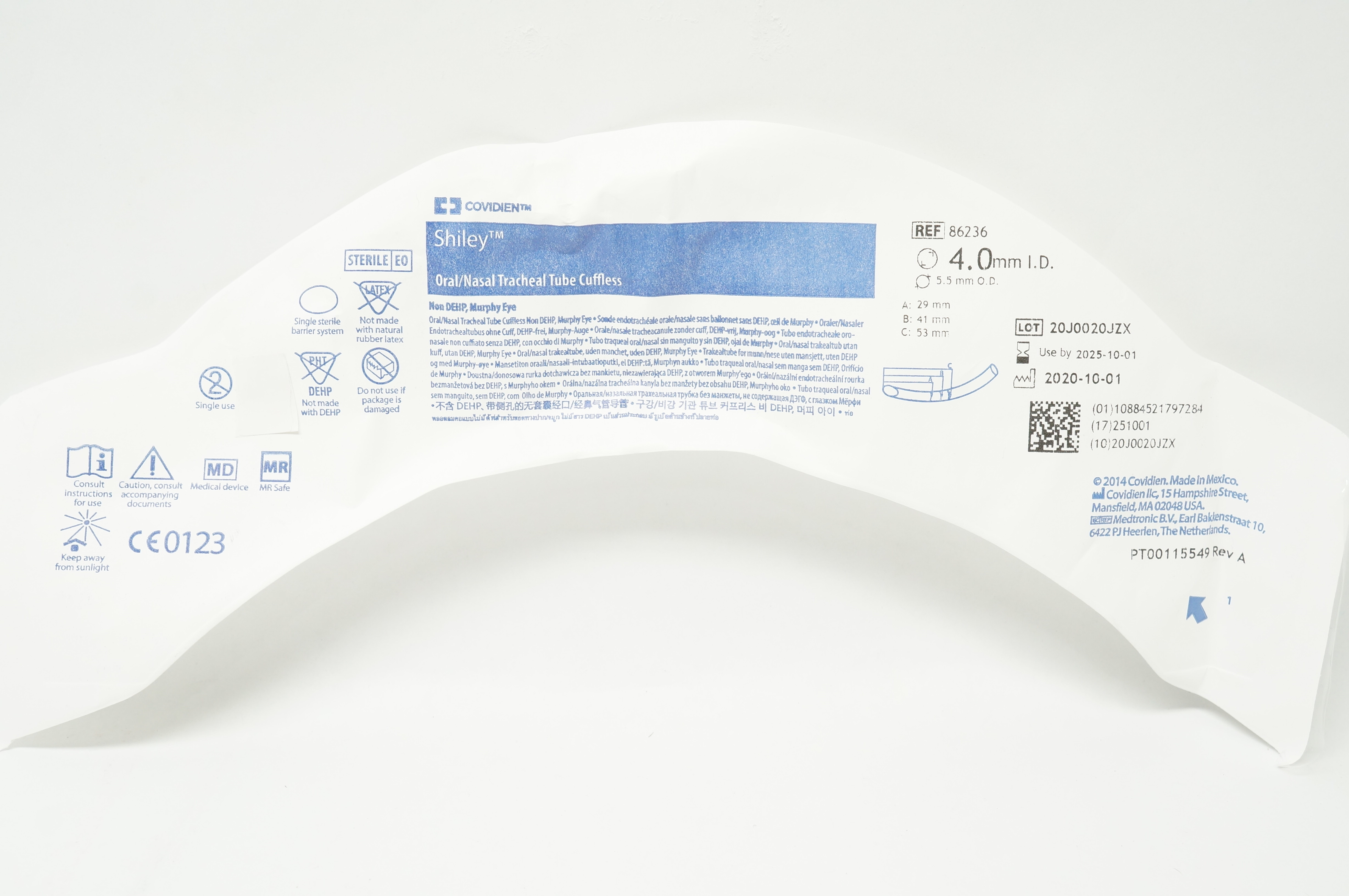 Covidien 86236 Shiley Oral/Nasal Tracheal Tube Cuffless 4.0m ID x 5.5mm OD