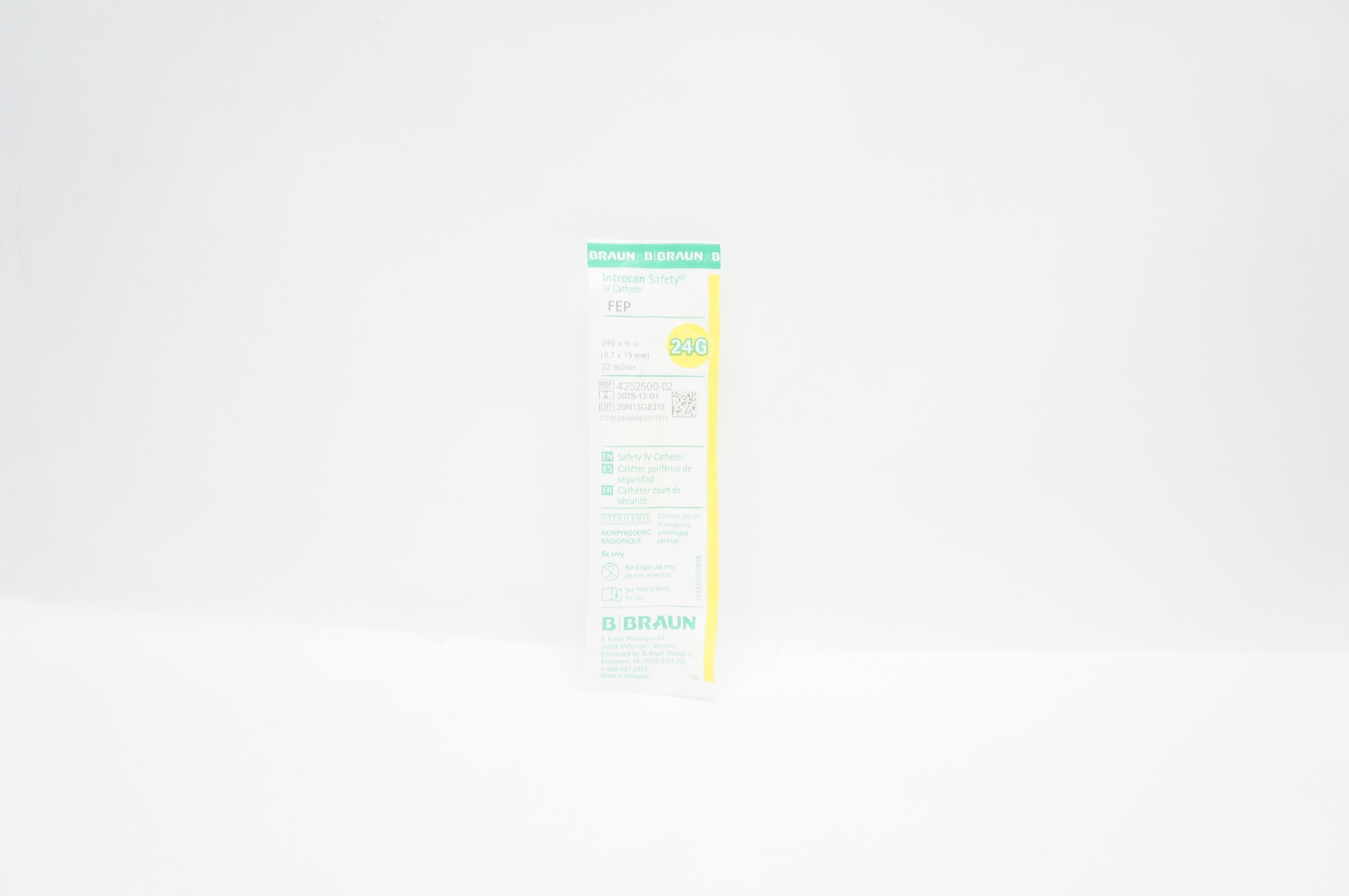 Braun 4252500-02 Introcan Safety IV Cath. 24G x 3/4 inch x 22 mL/min