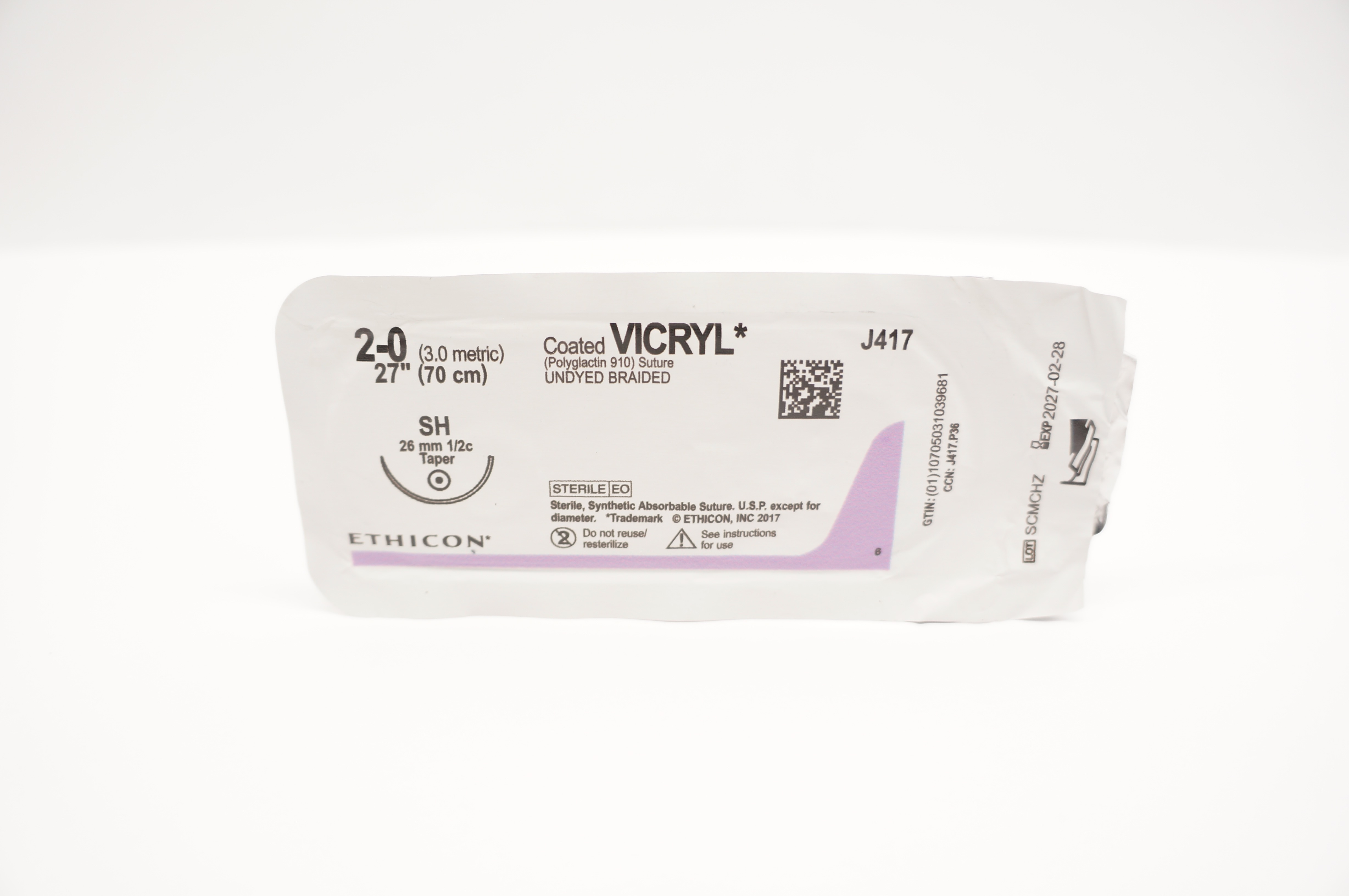 Ethicon J417 2-0 Coated VICRYL, SH, 26mm 1/2c Taper, 27inch