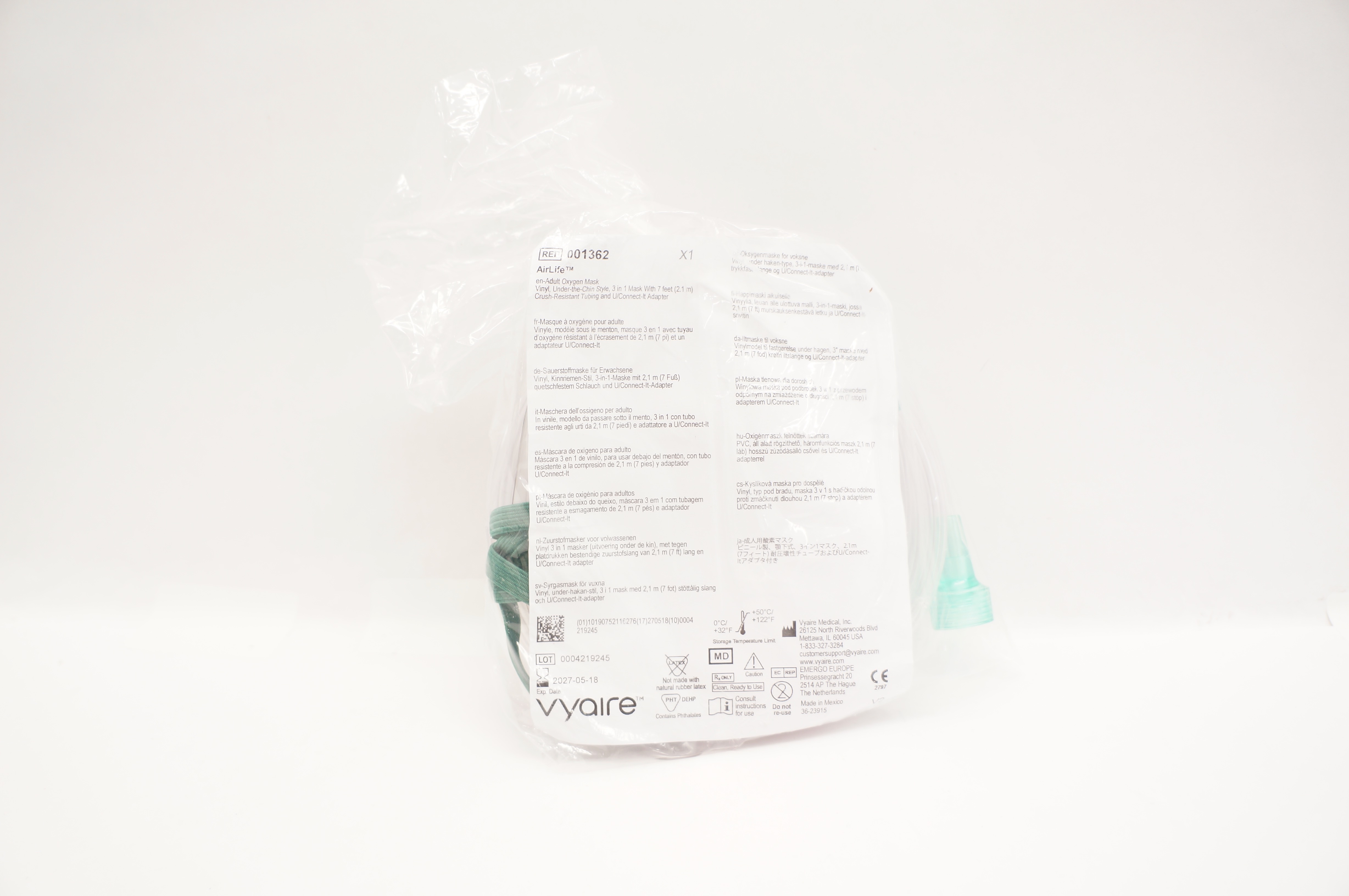Vyaire 001362 AirLife Adult Oxygen Mask Vinyl w/7ft. Tubing & U/Connect Adapter