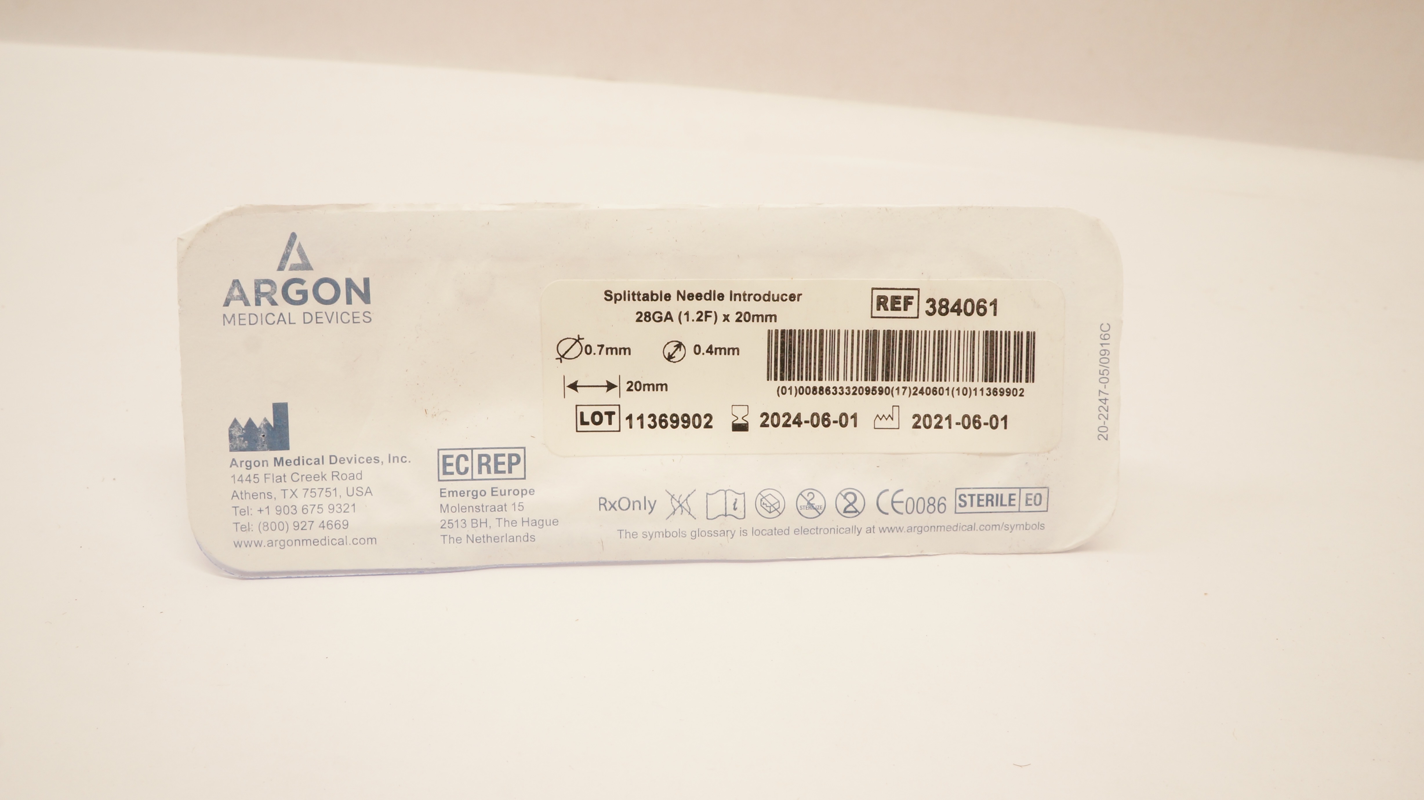 Argon 384061 Splittable Ndle. Introducer 28Ga x 20mm