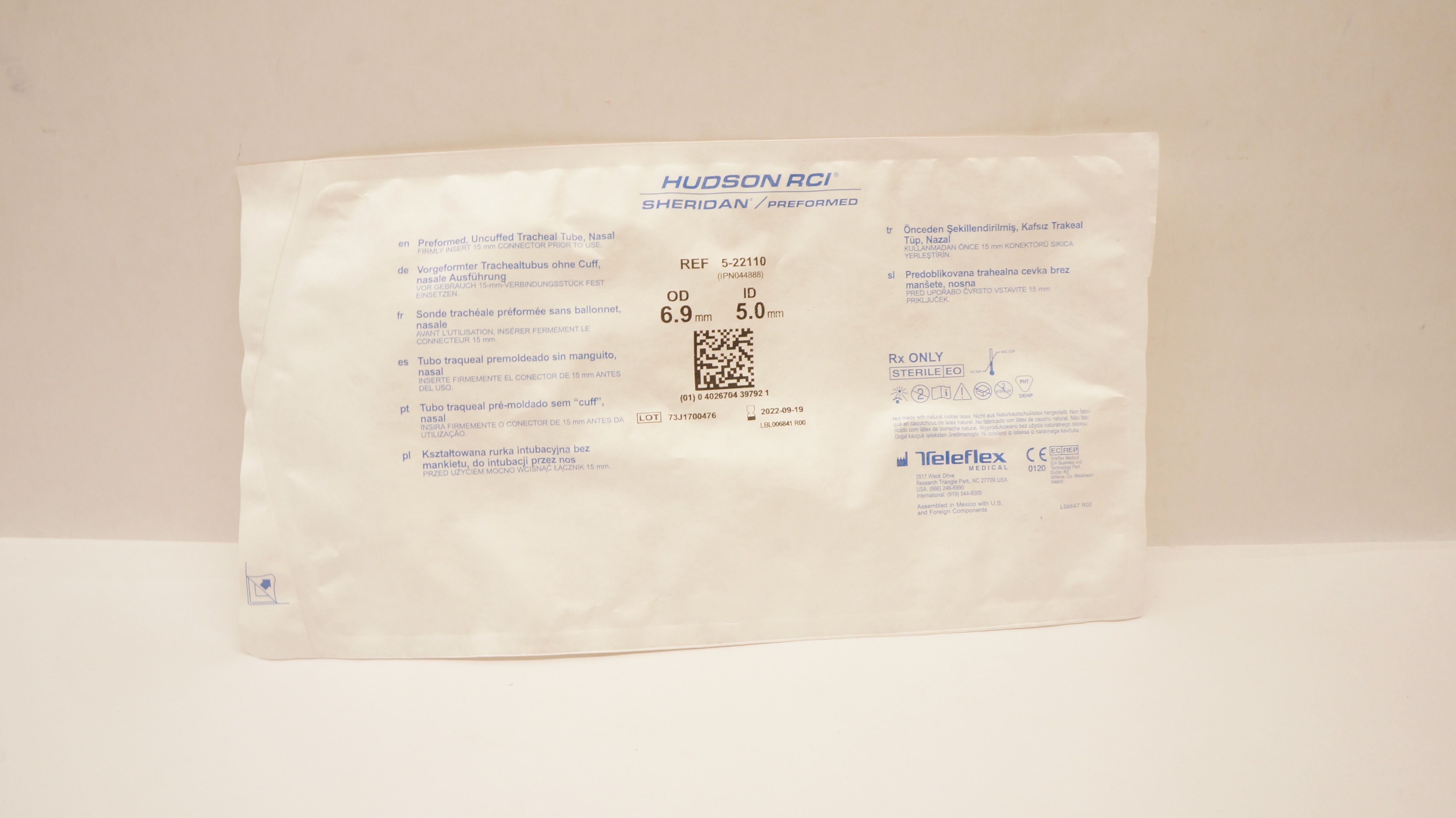 Teleflex 5-22110 Hudson RCI Preformed Uncuffed Tracheal Tube 5.0ID x 6.9mmOD (x)