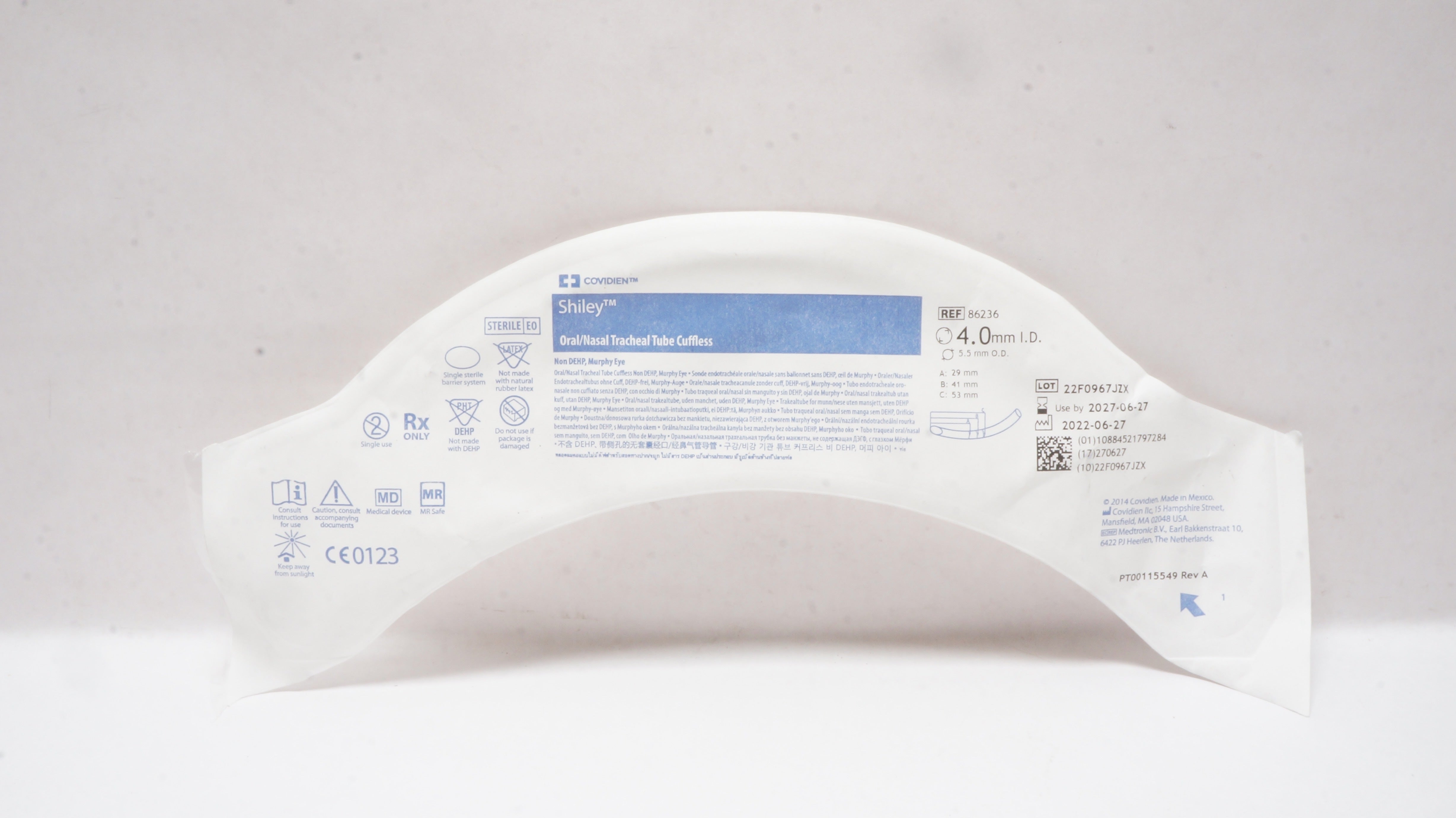 Covidien 86236 Shiley Oral/Nasal Tracheal Tube Cuffless 4.0m ID x 5.5mm OD