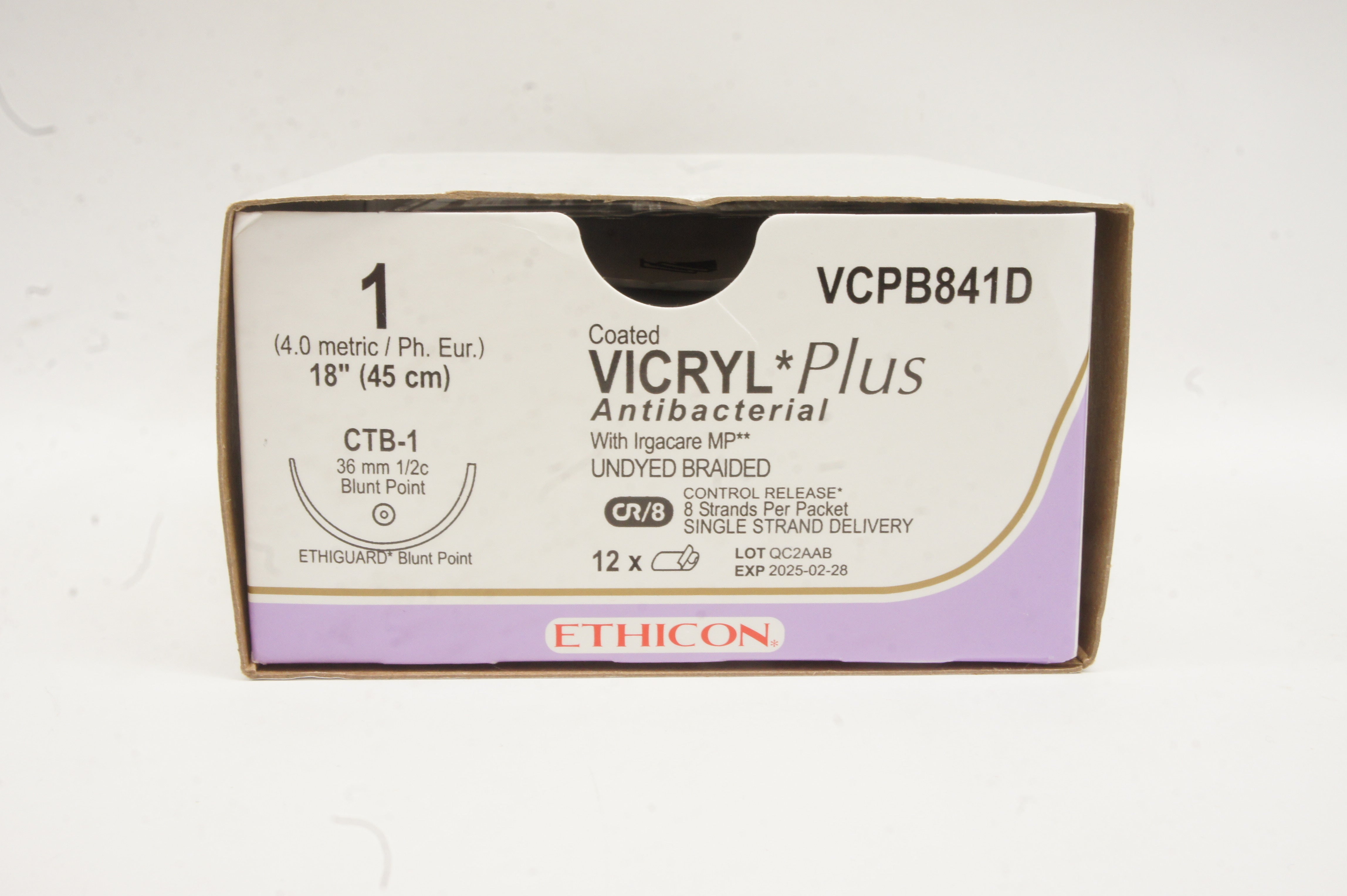 Ethicon VCPB841D 1 VICRYL Plus CTB-1 36mm 1/2c Blunt Point, 18inch - Box of 12