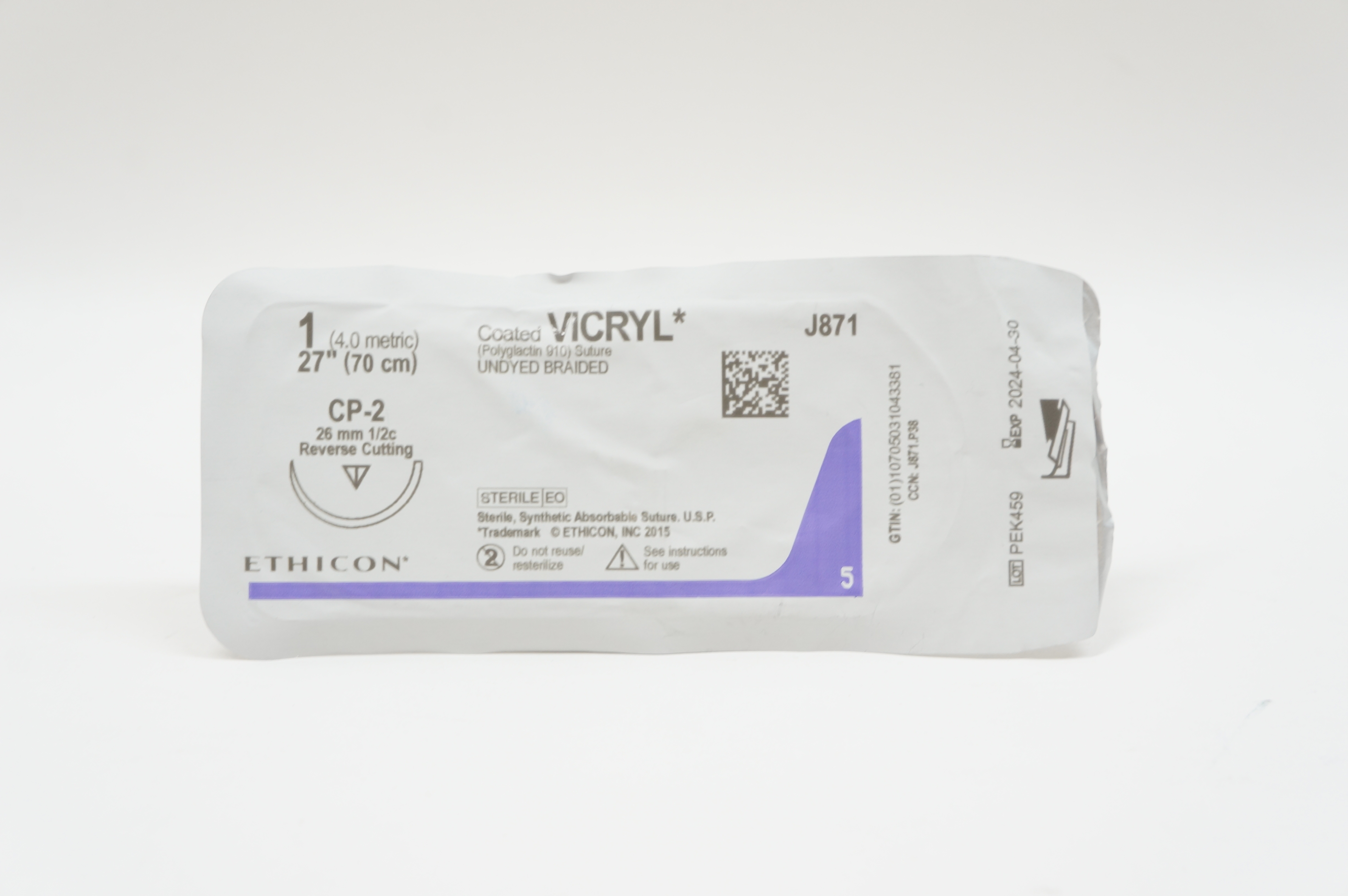 Ethicon J871 1 VICRYL, CP-2, 26mm 1/2c Reverse Cutting, 27inch