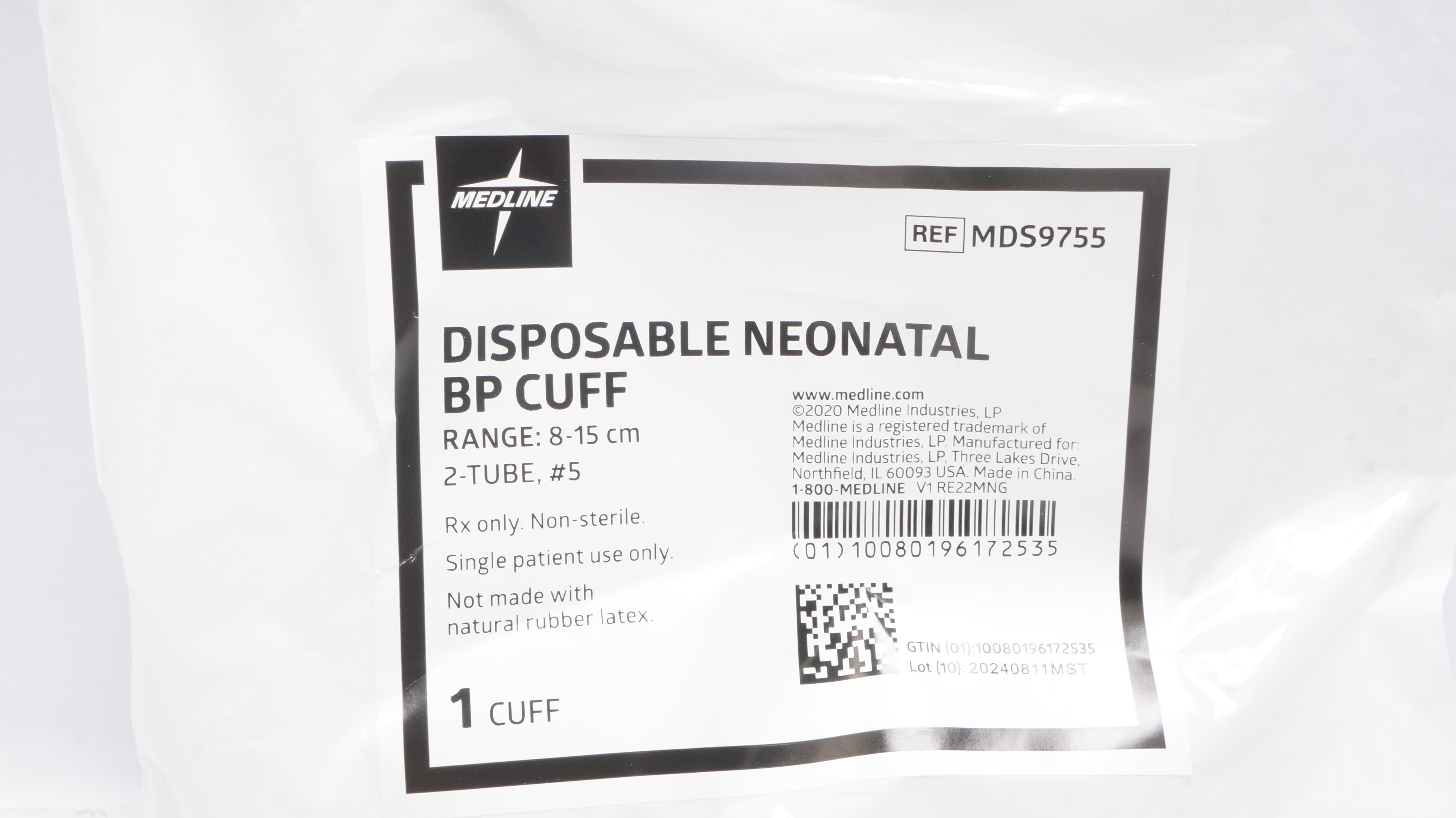 Medline MDS9755 Disposable Neonatal BP Cuff 8-15cm, 2-Tube, #5