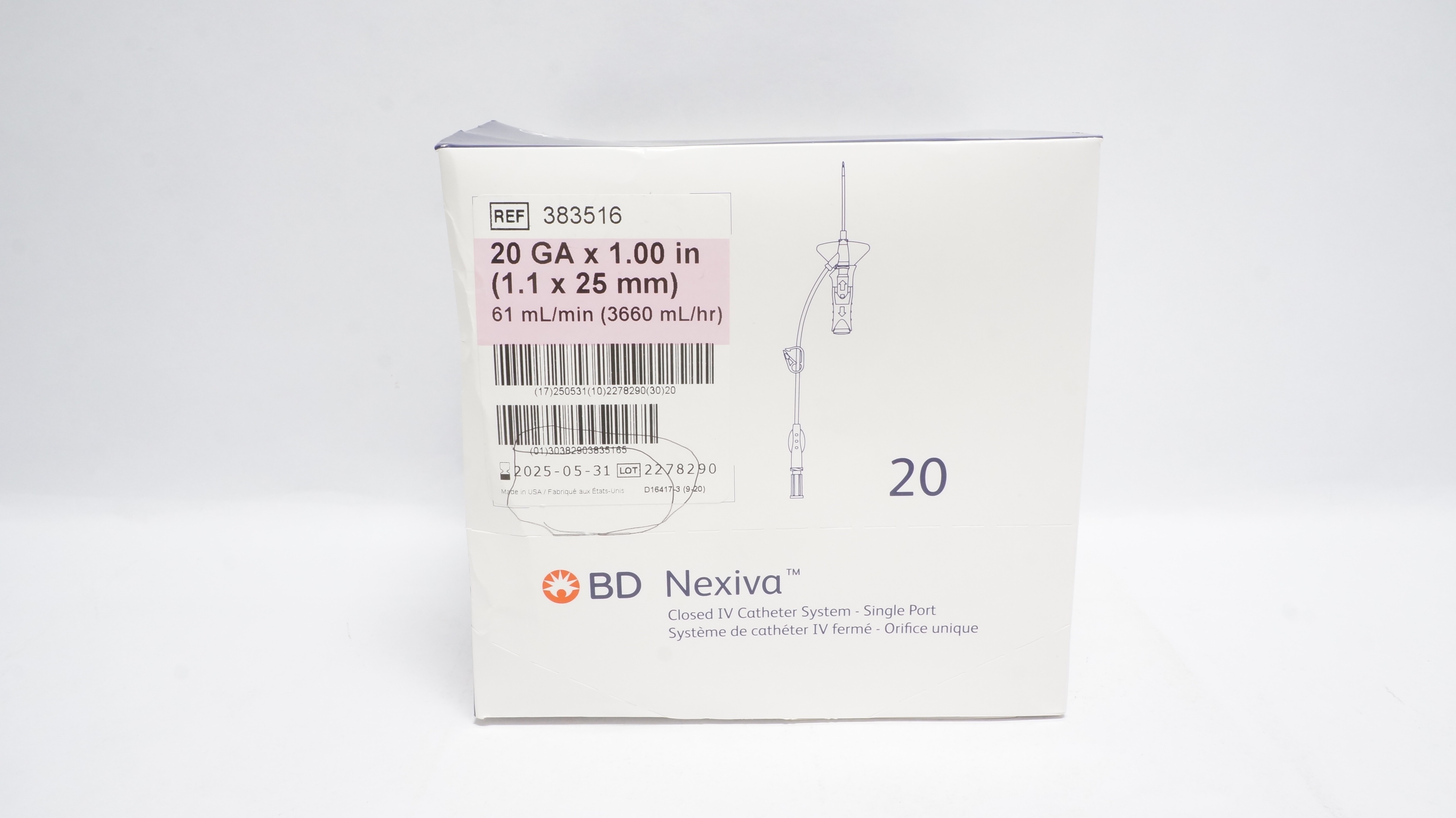 BD 383516 Nexiva Clodsed IV Cath. System 20GA x 1.00inch -61mL/min (x)-Box of 20