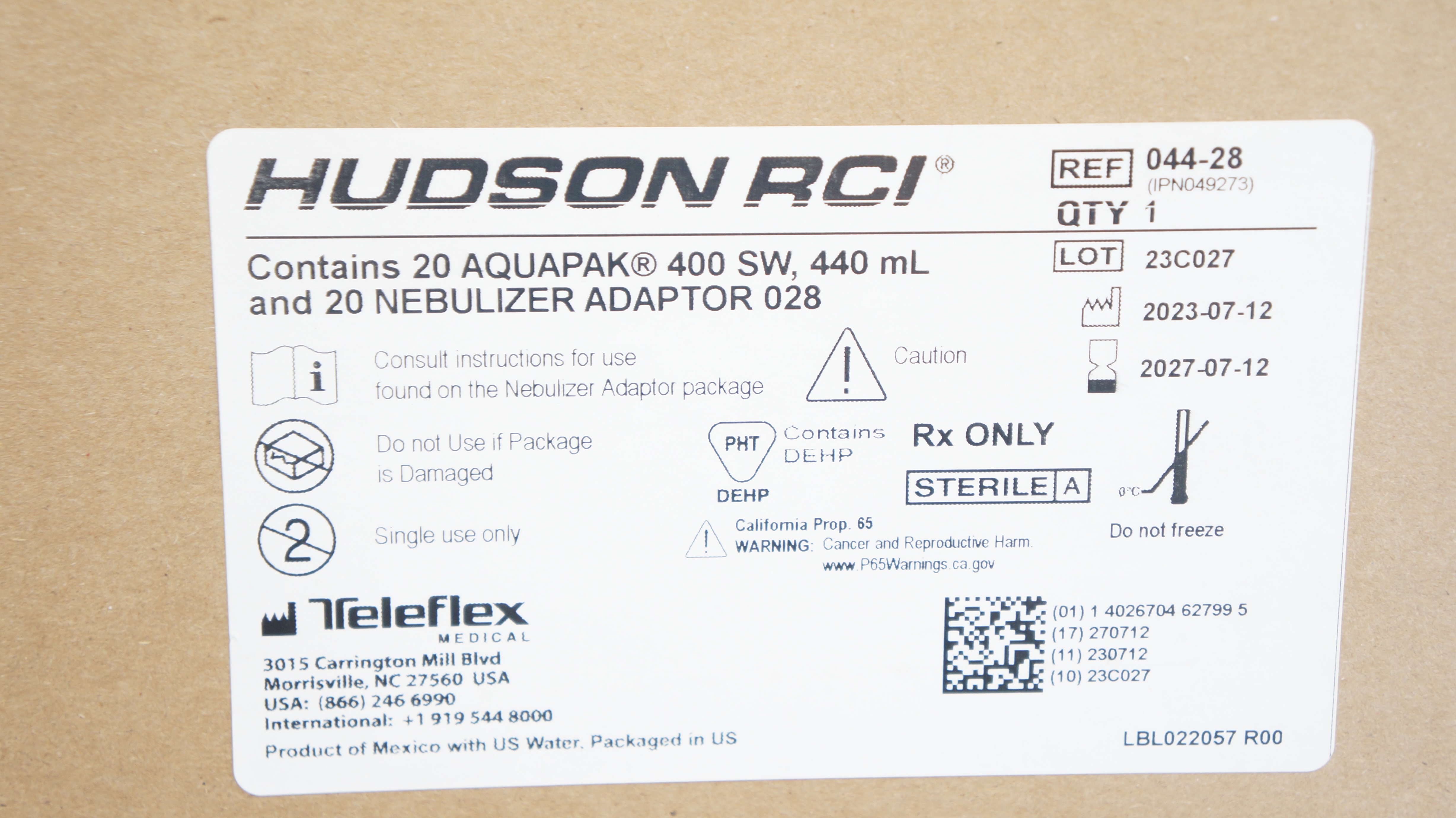 Teleflex 044-28 Hudson RCI 20 Aquapak 400SW,440mL & 20Nebulizer Adaptor 028