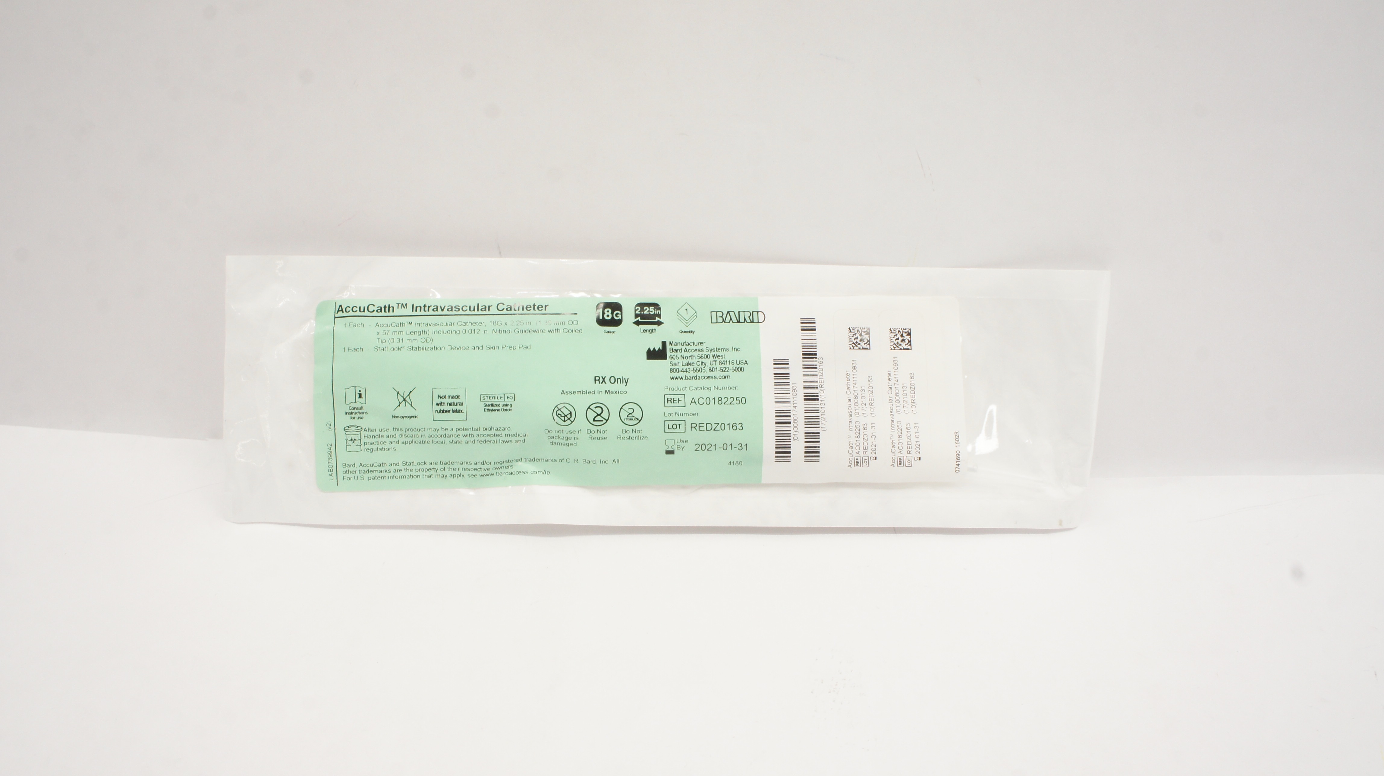 Bard AC0182250 AccuCath Intravascular Cath. 18G x 2.25 inch (x)