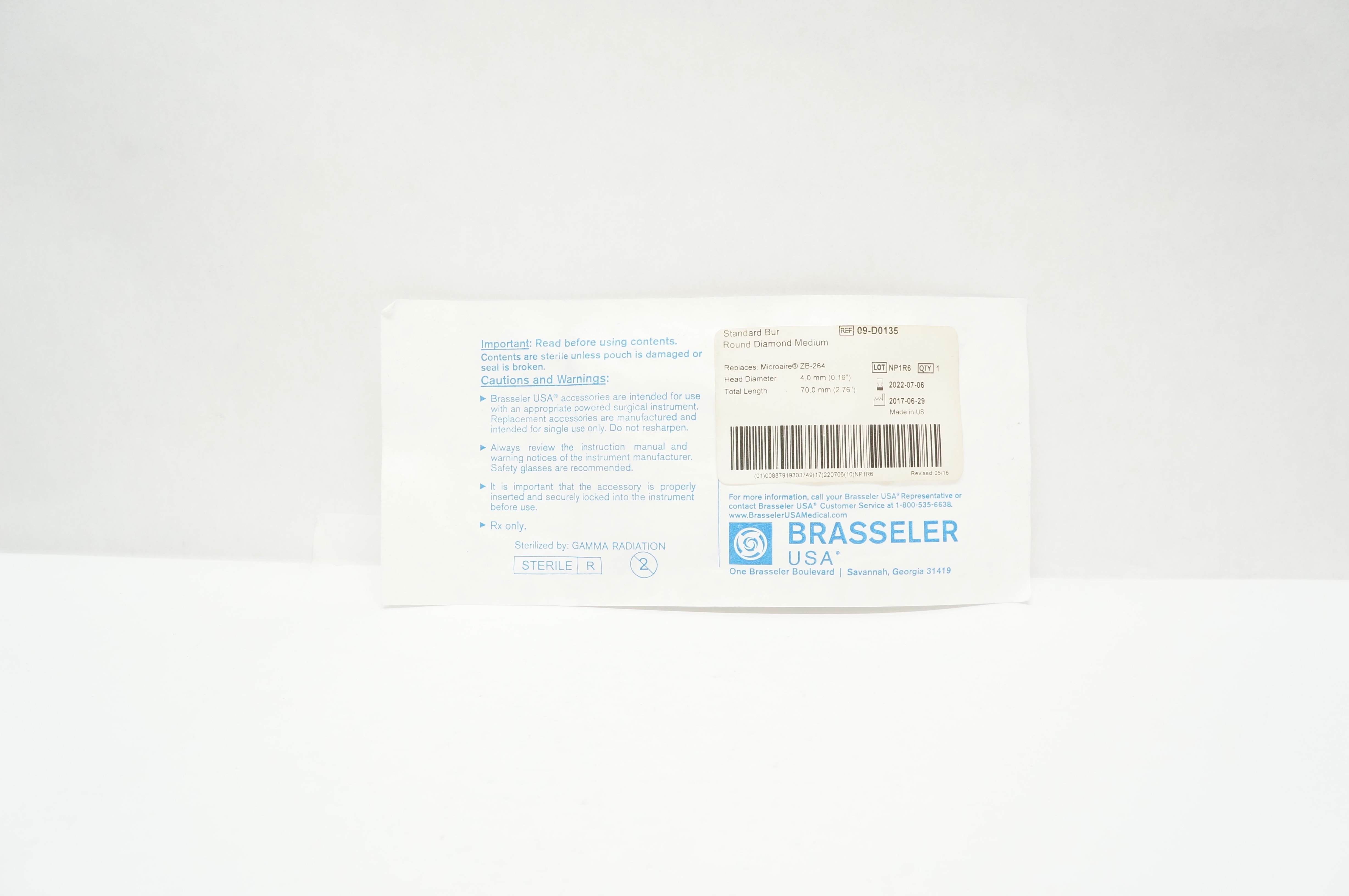 Brasseler 09-D0135 Round Diamond Bur, Medium 0.16inch x 2.76inch (x)