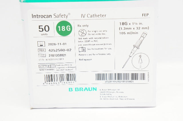 Braun 4252560-02 Introcan Safety IV Cath. 18G x 1 1/4inch 105ml/min - Box of 50