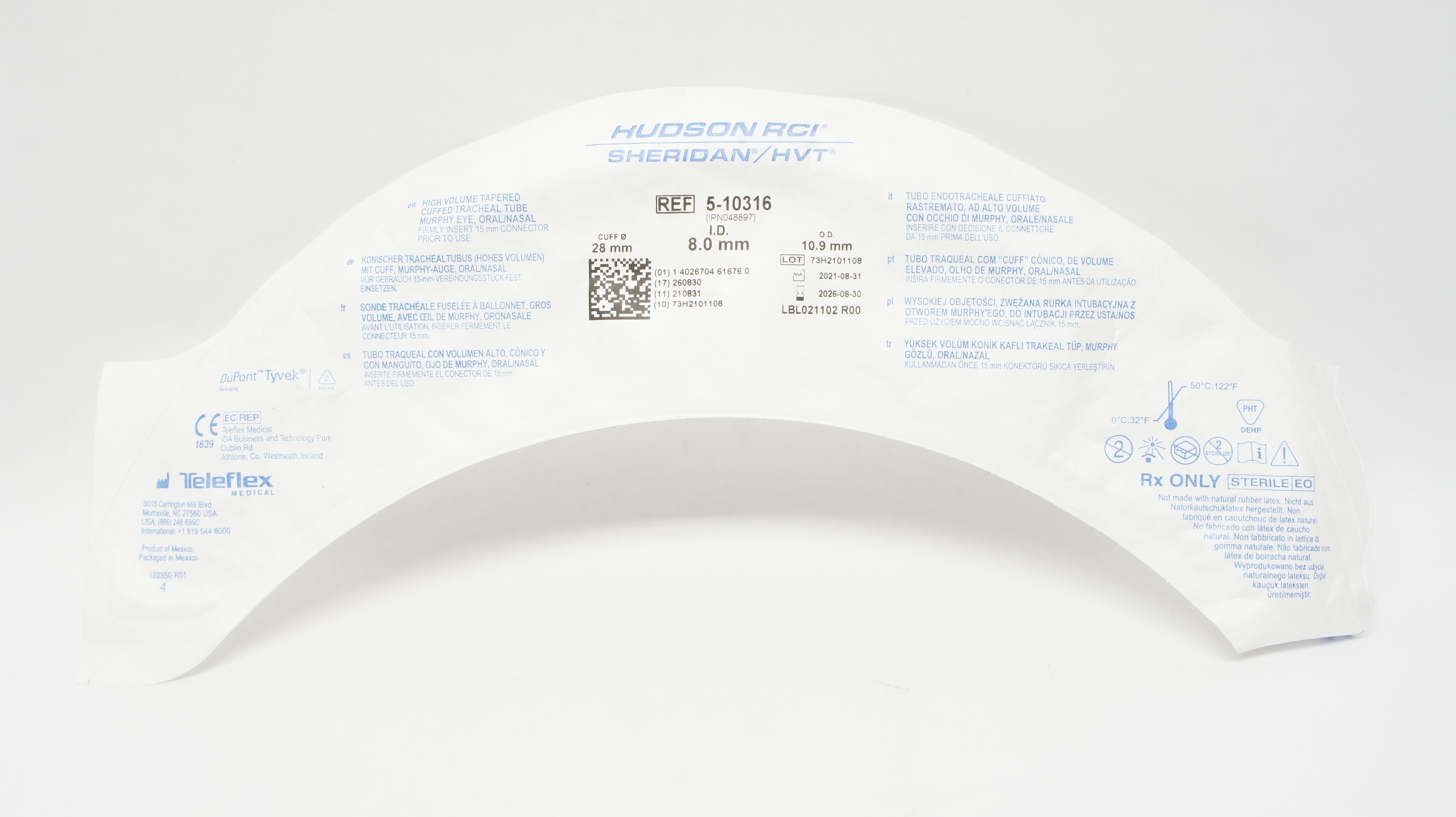 Teleflex 5-10316 Hudson RCI Sheridan HVT Cuffed Tracheal Tube 8.0 x 10.9 x 28mm