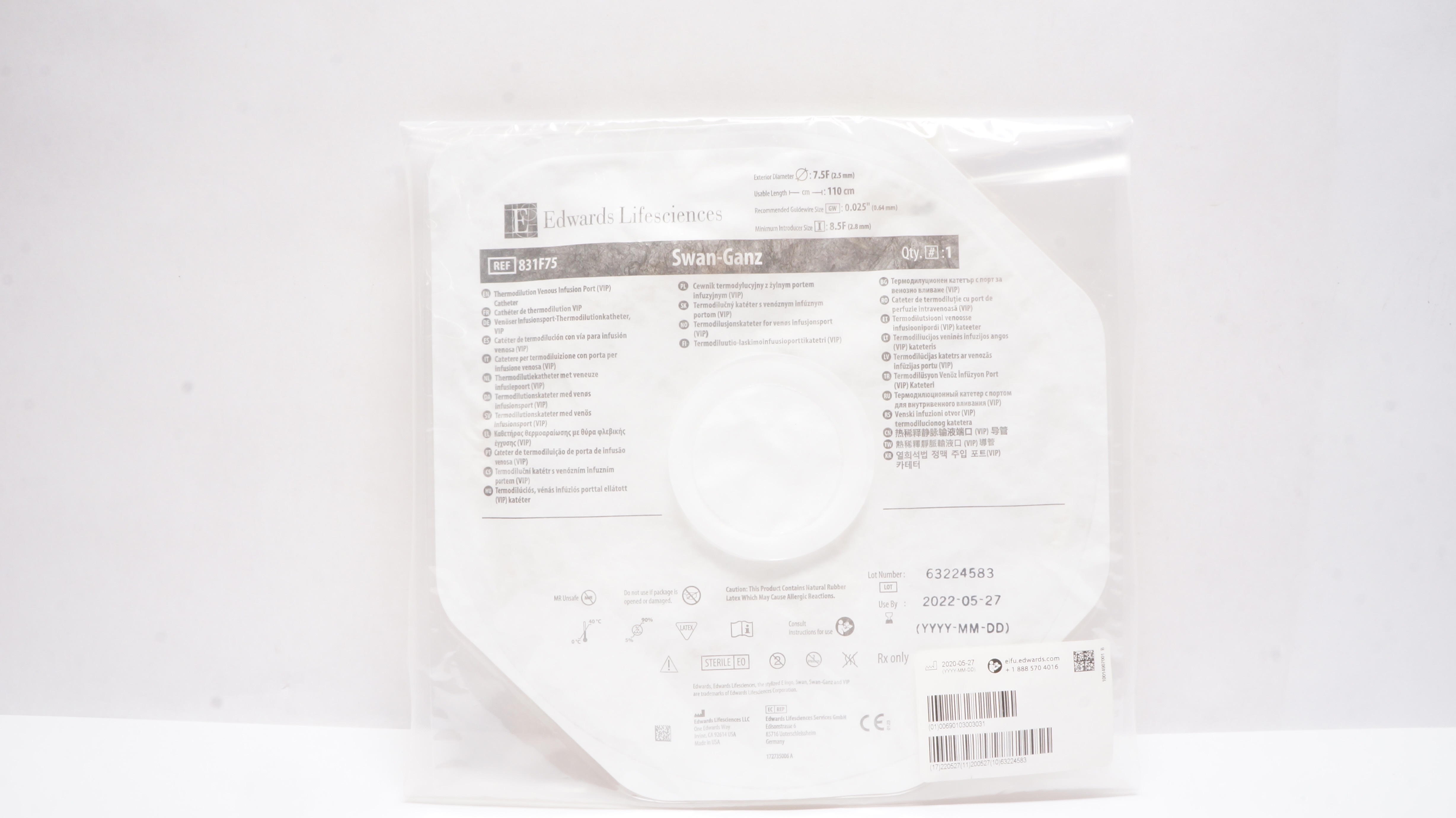 Edwards Lifesciences 831F75 Swan-Ganz Thermodilution VIP Cath. 7.5F x 110cm (x)