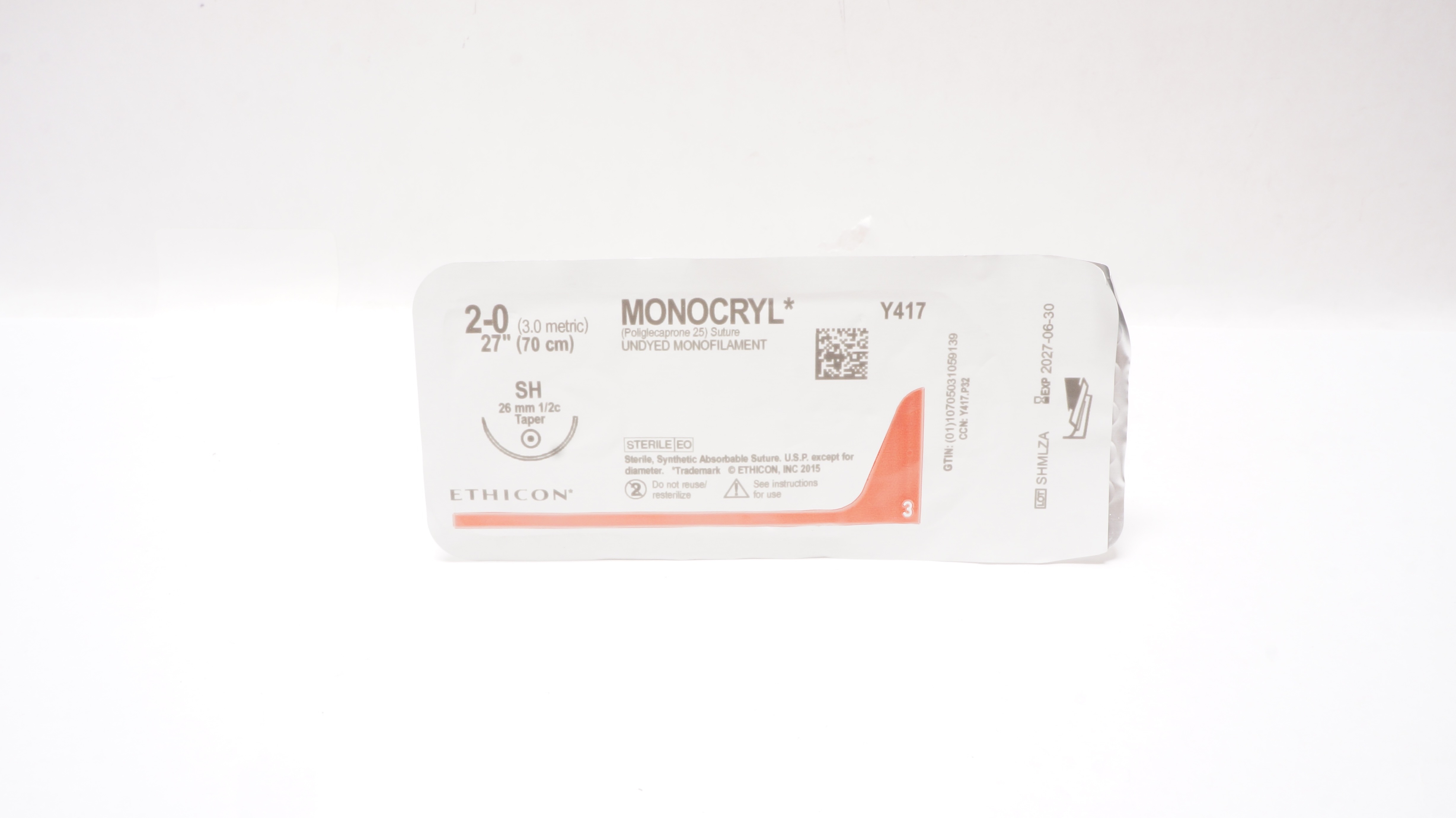 Ethicon Y417 2-0 MONOCRYL Undyed Monofilament, SH, 26mm1/2c Taper, 27inch