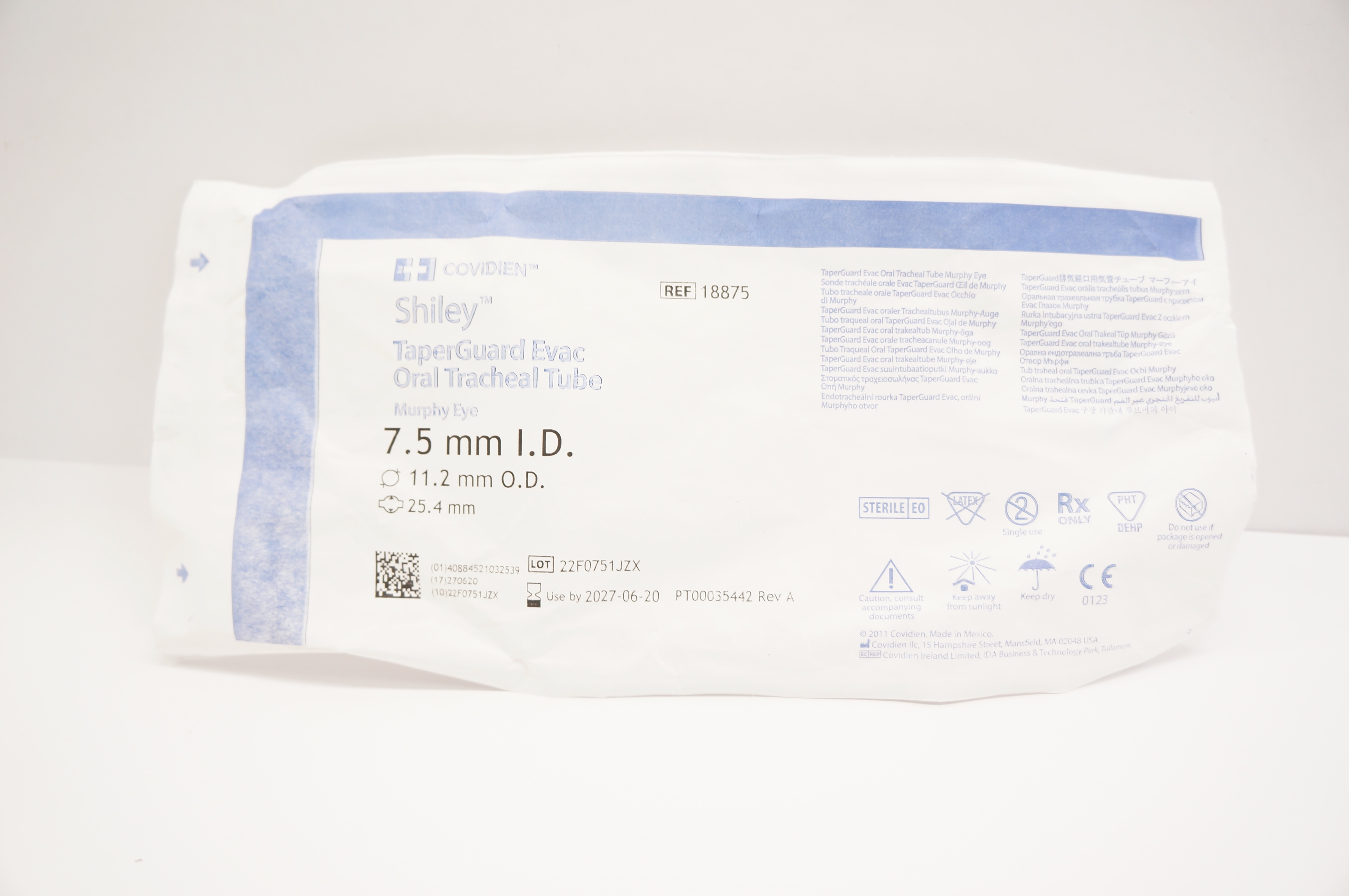 Covidien 18875 Shiley TaperGuard Evac Oral Tracheal Tube 7.5ID x 11.2OD x 25.4mm