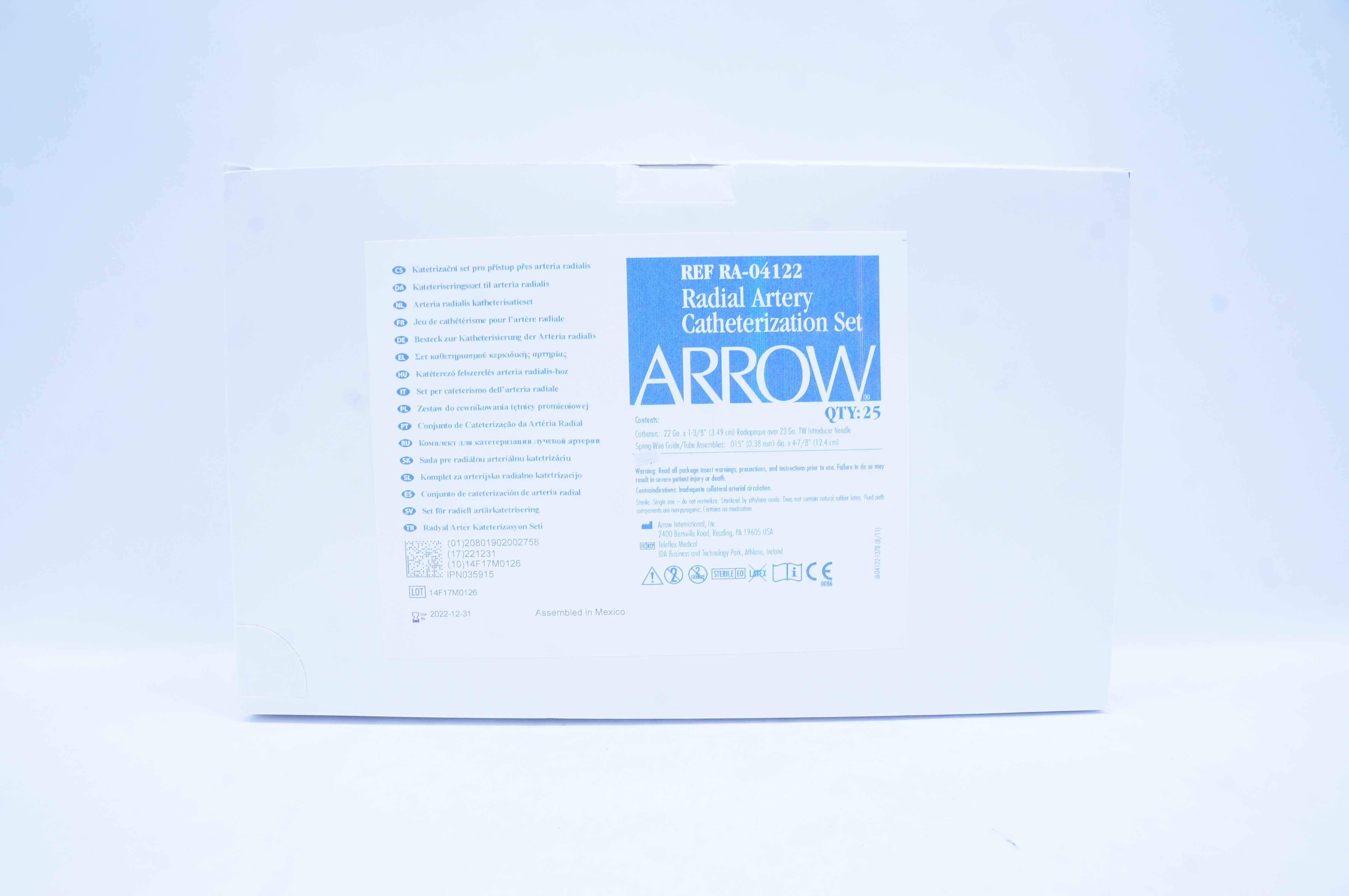 Arrow RA-04122 Radial Artery Cath. Set 22Ga. x 1-3/8inch - Box of 25