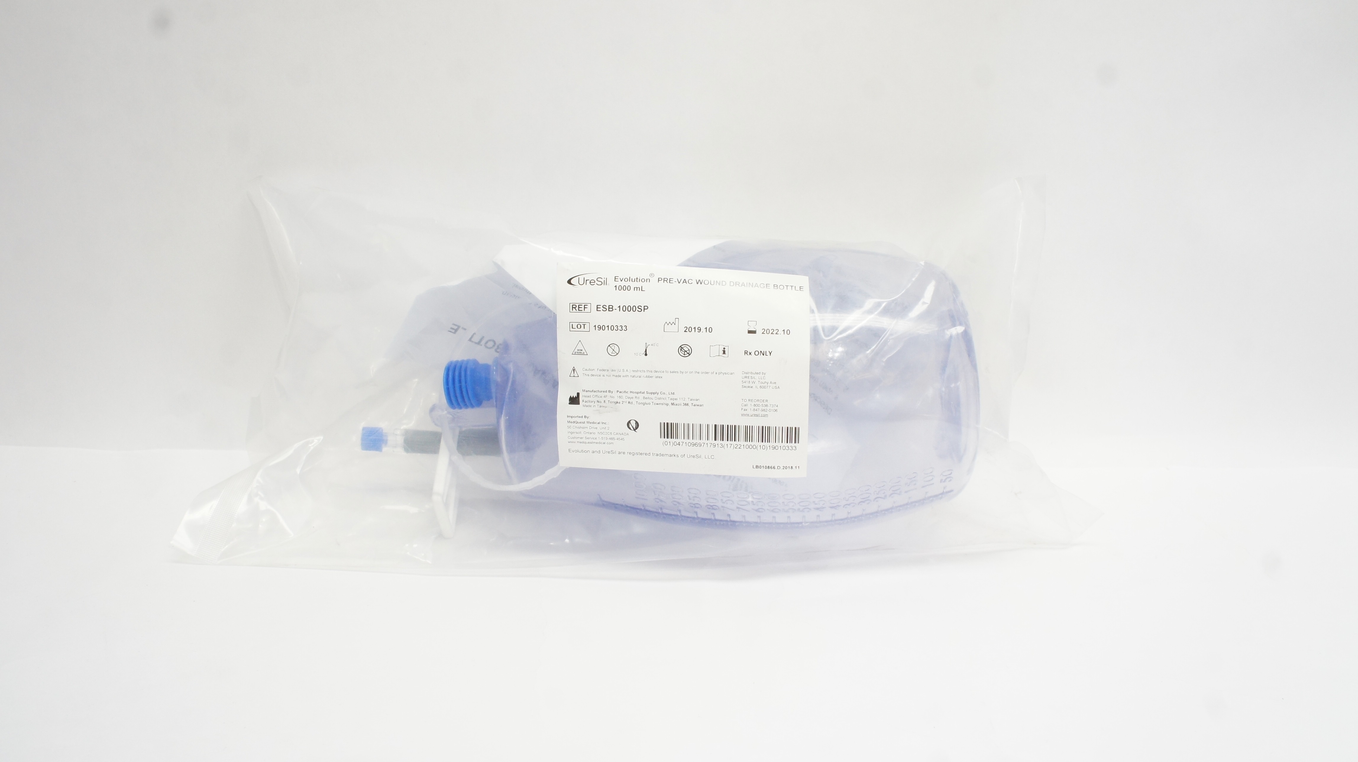UreSil ESB-1000SP Evolution Pre-Vac Wound Drainage Bottle, 1000mL (x)