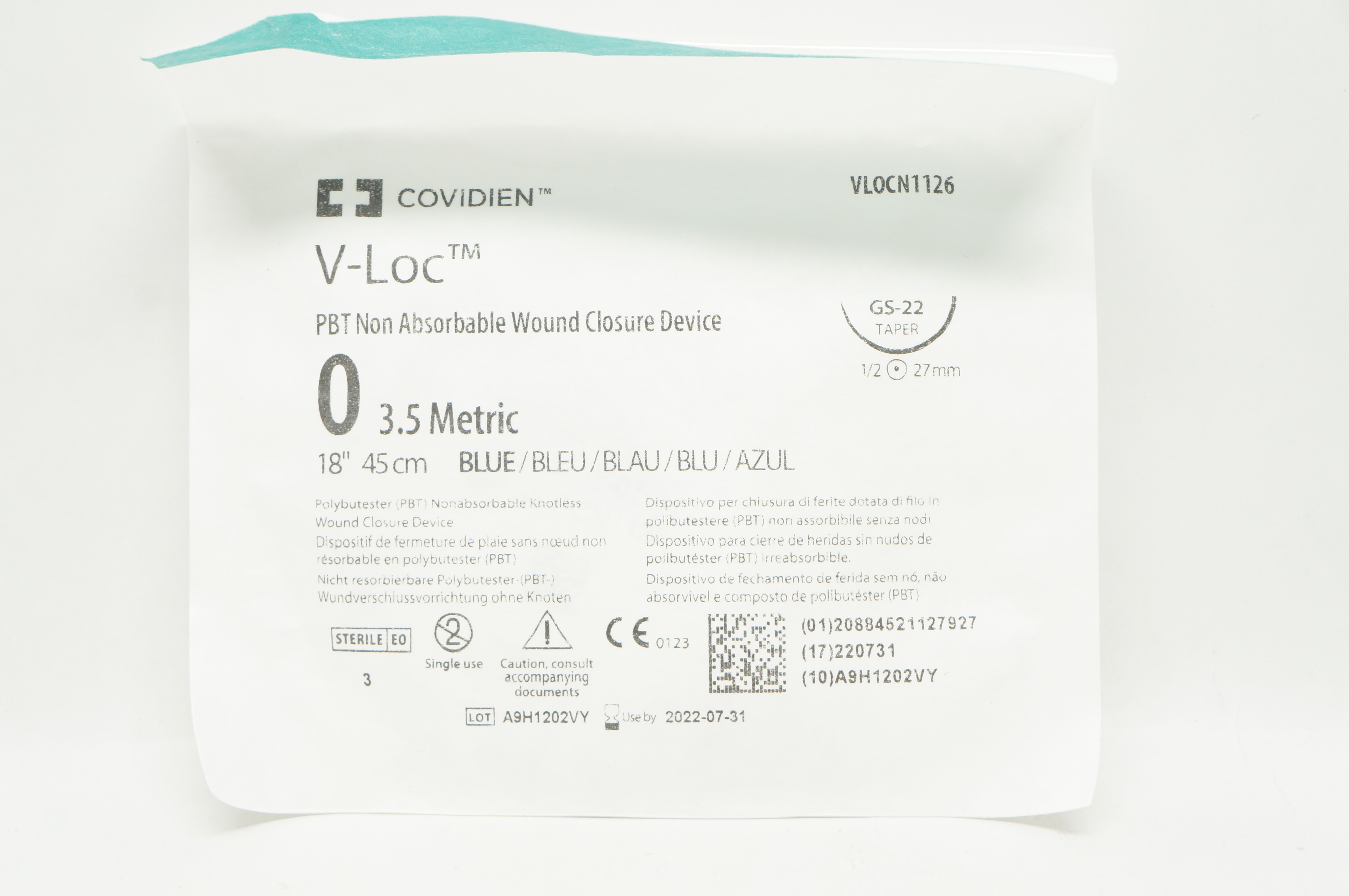 Covidien VLOCN1126 0 V-Loc, PBT Wound ClosureDevice GS-22 1/2c 27mm Taper 18inch