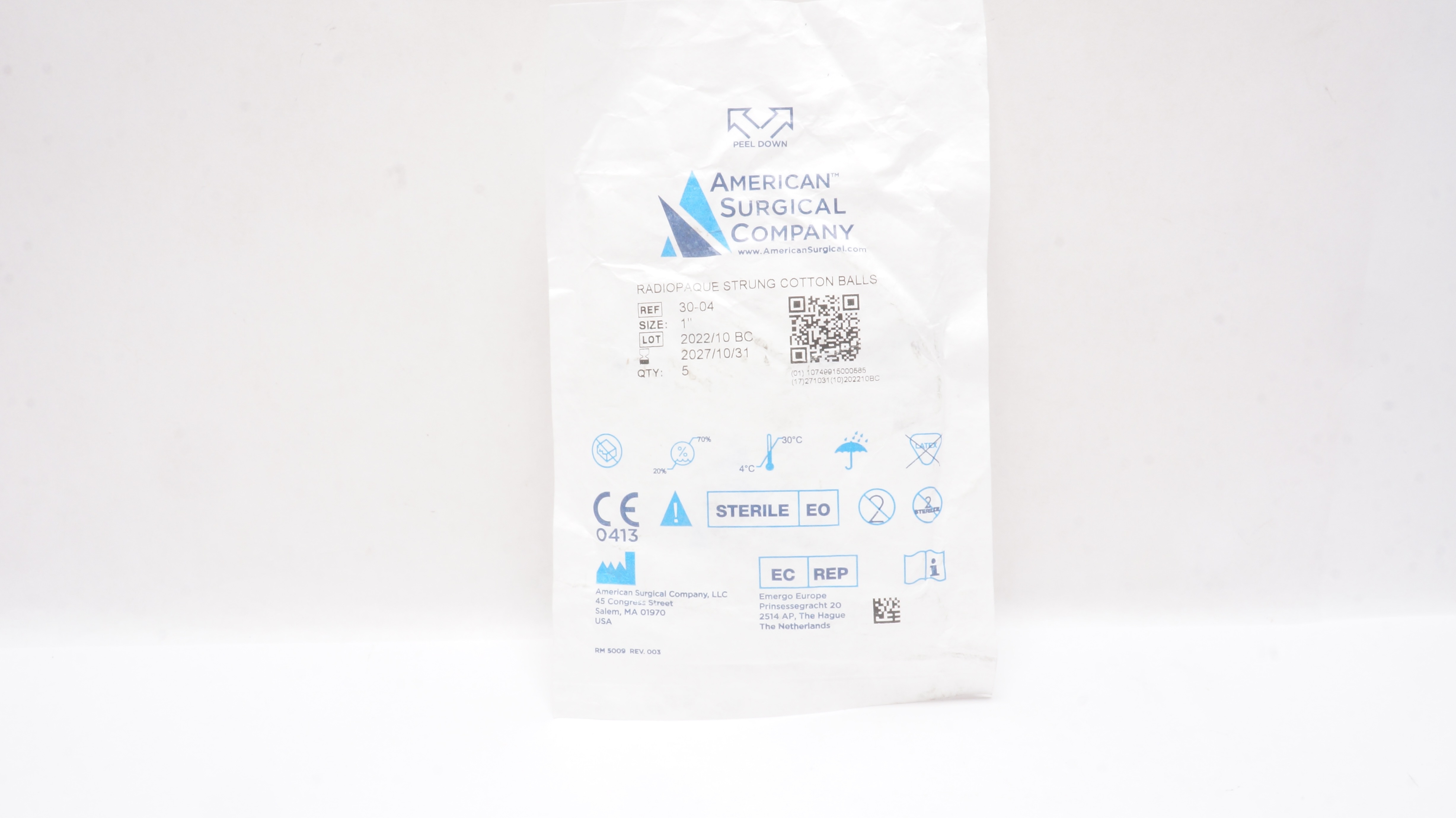 American Surgical Company 30-04 Radiopaque Strung Cotton Balls 1In - Pack of 5