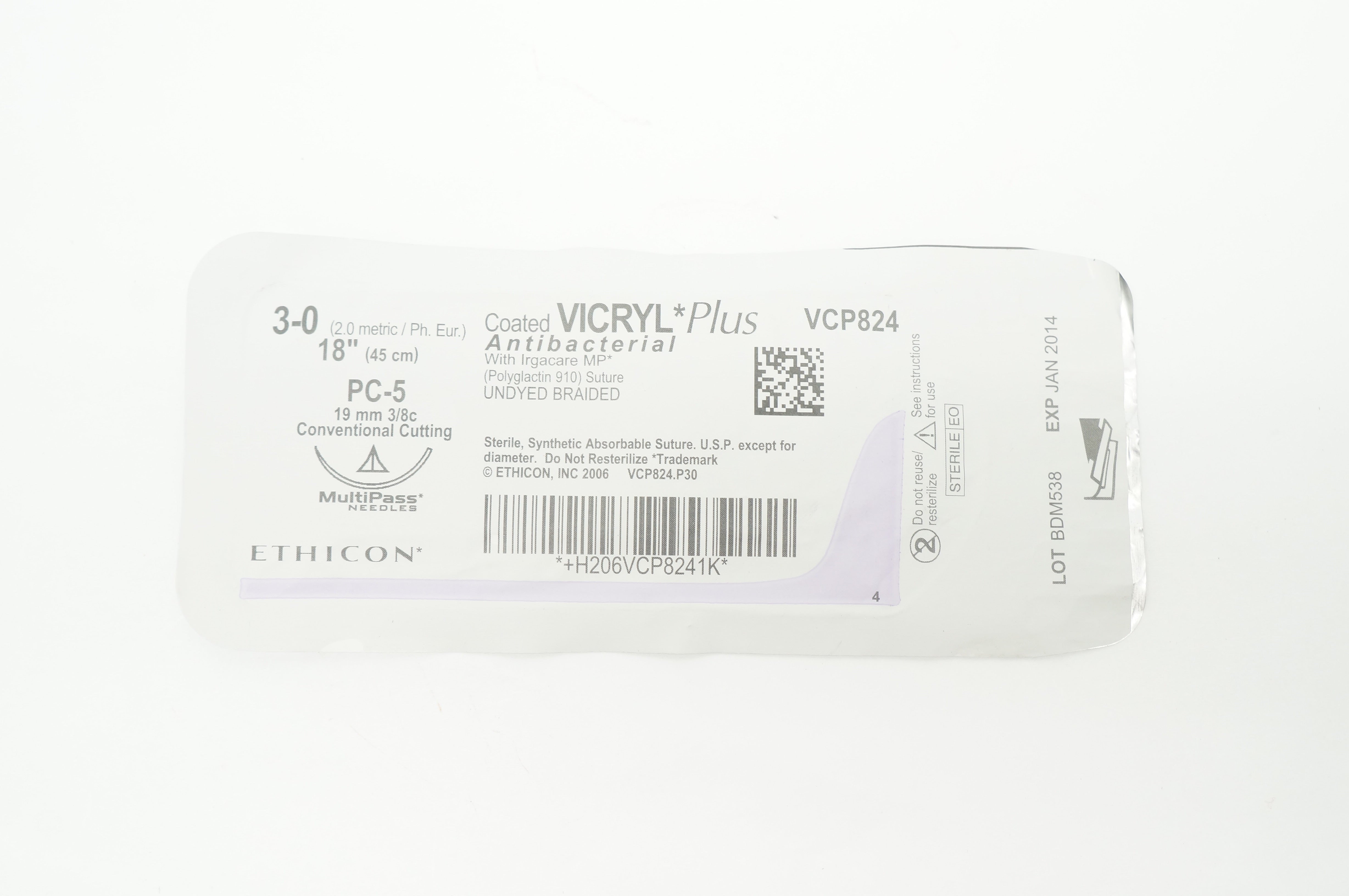 Ethicon VCP824 Coated Vicryl Plus Antibacterial 3-0 PC-5 19mm 3/8c 18inch (x)