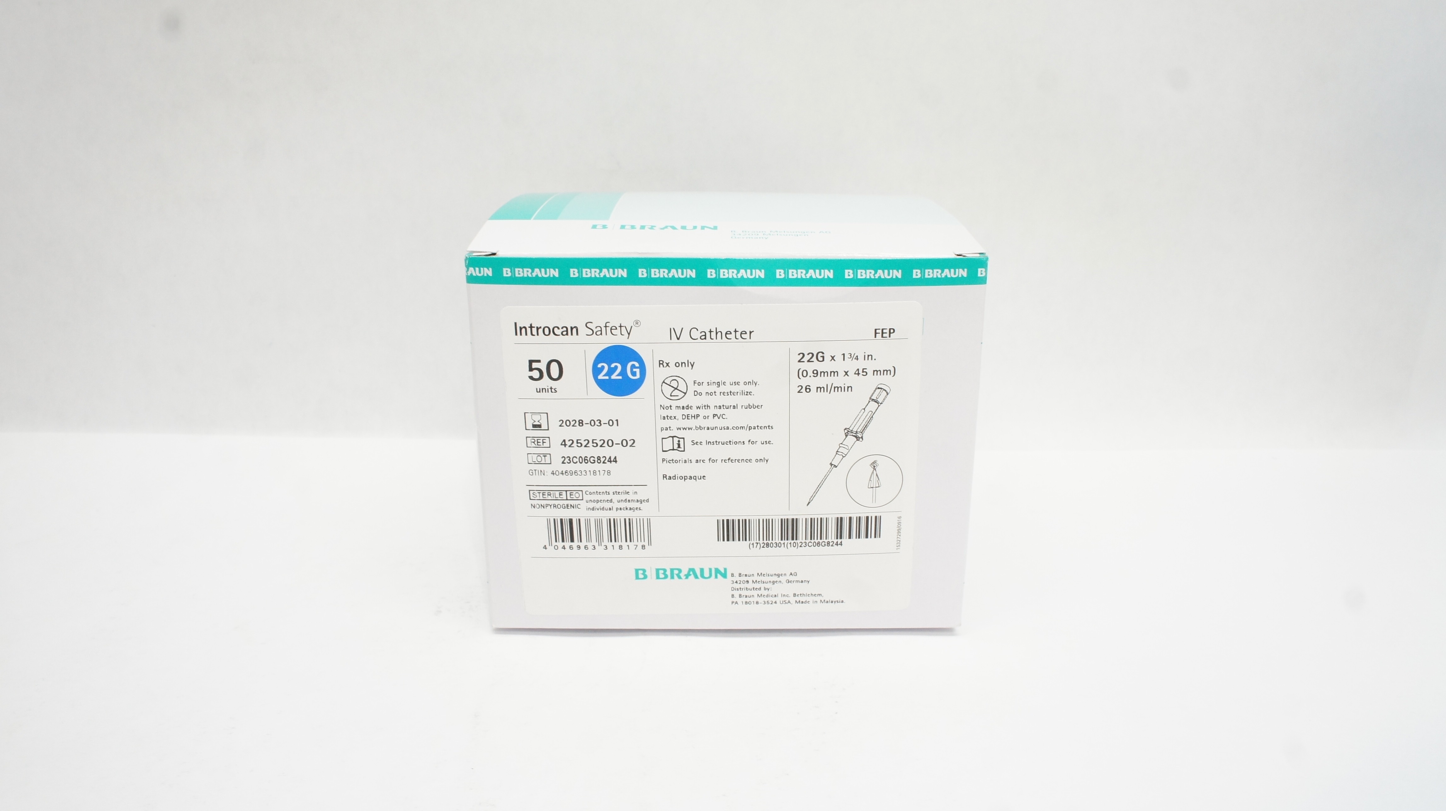 Braun 4252520-02 Introcan Safety IV Cath. 22G x 1-3/4inch 26ml/min - Box of 50