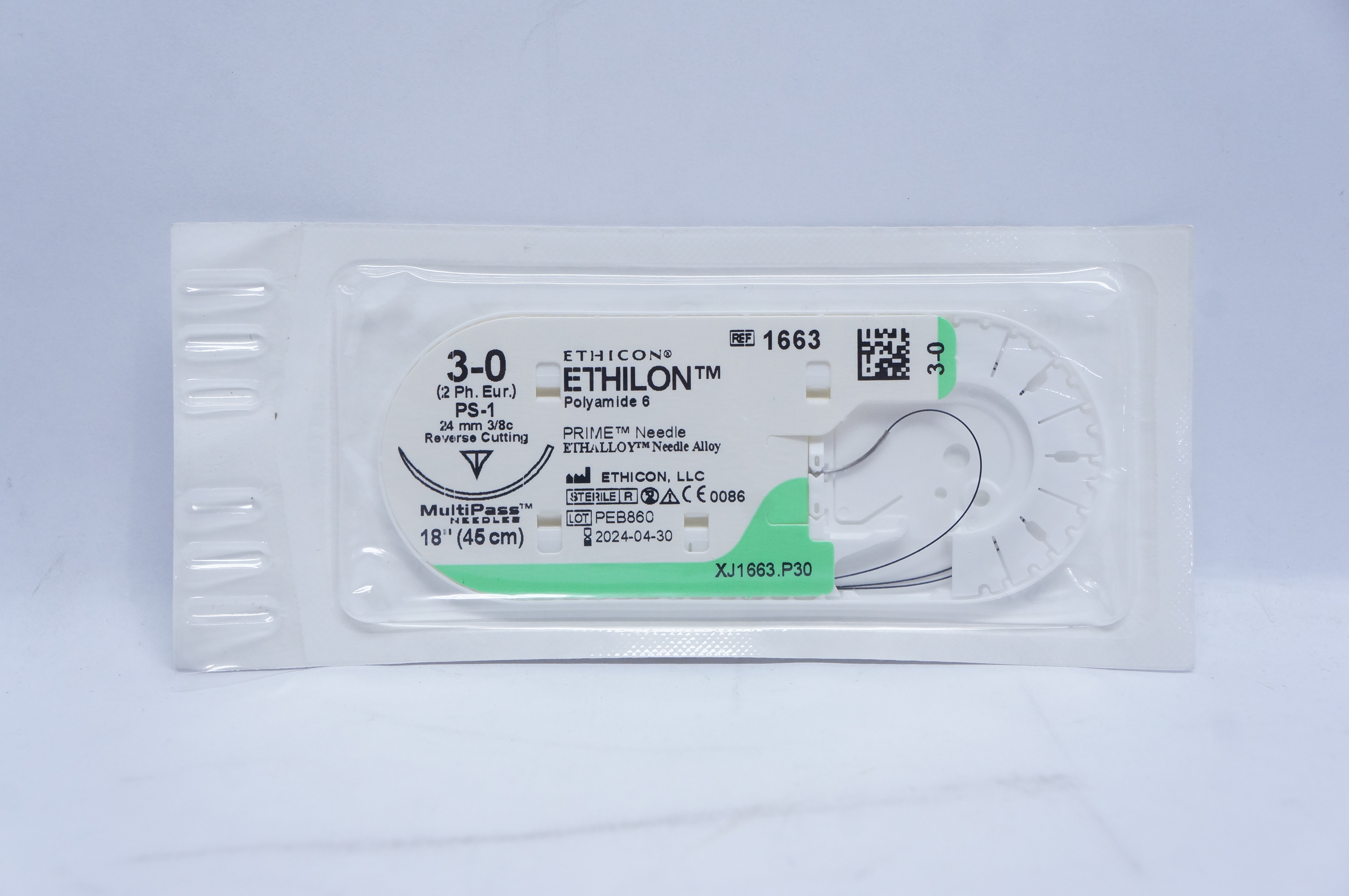 Ethicon 1663 3-0 ETHILON, PS-1, 24mm 3/8c Reverse Cutting, 18inch