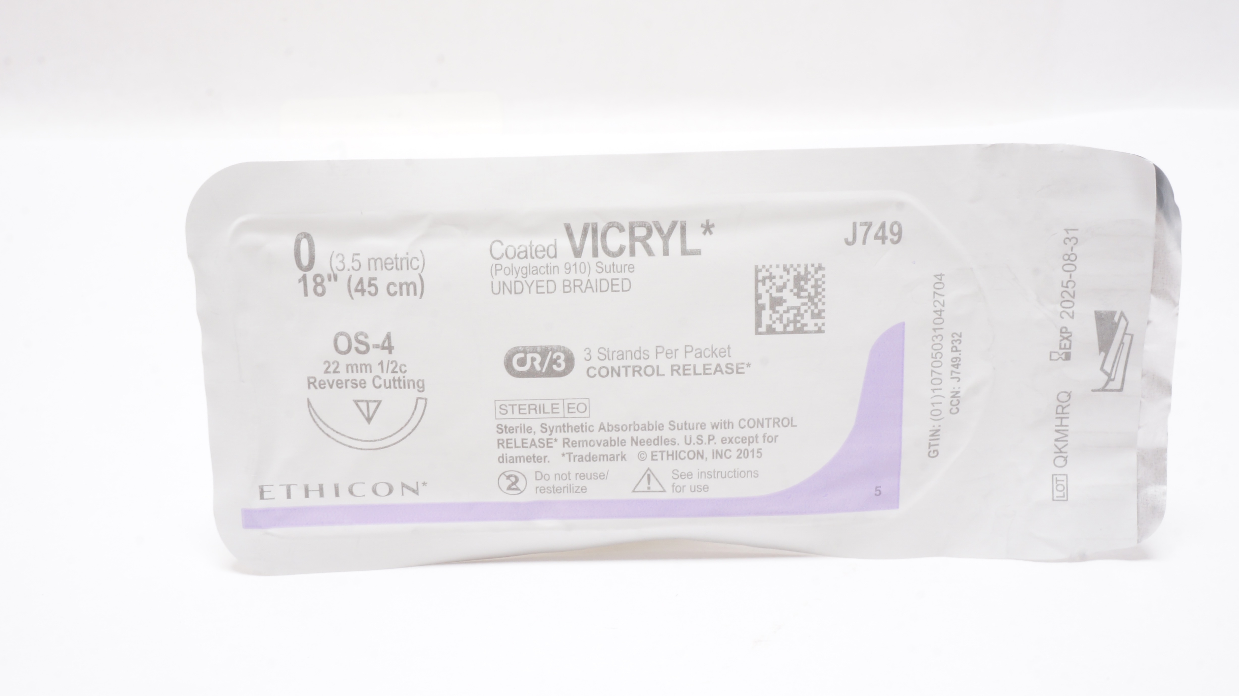 Ethicon J749 0 VICRYL, OS-4, 2mm 1/2c Reverse Cutting, 18inch