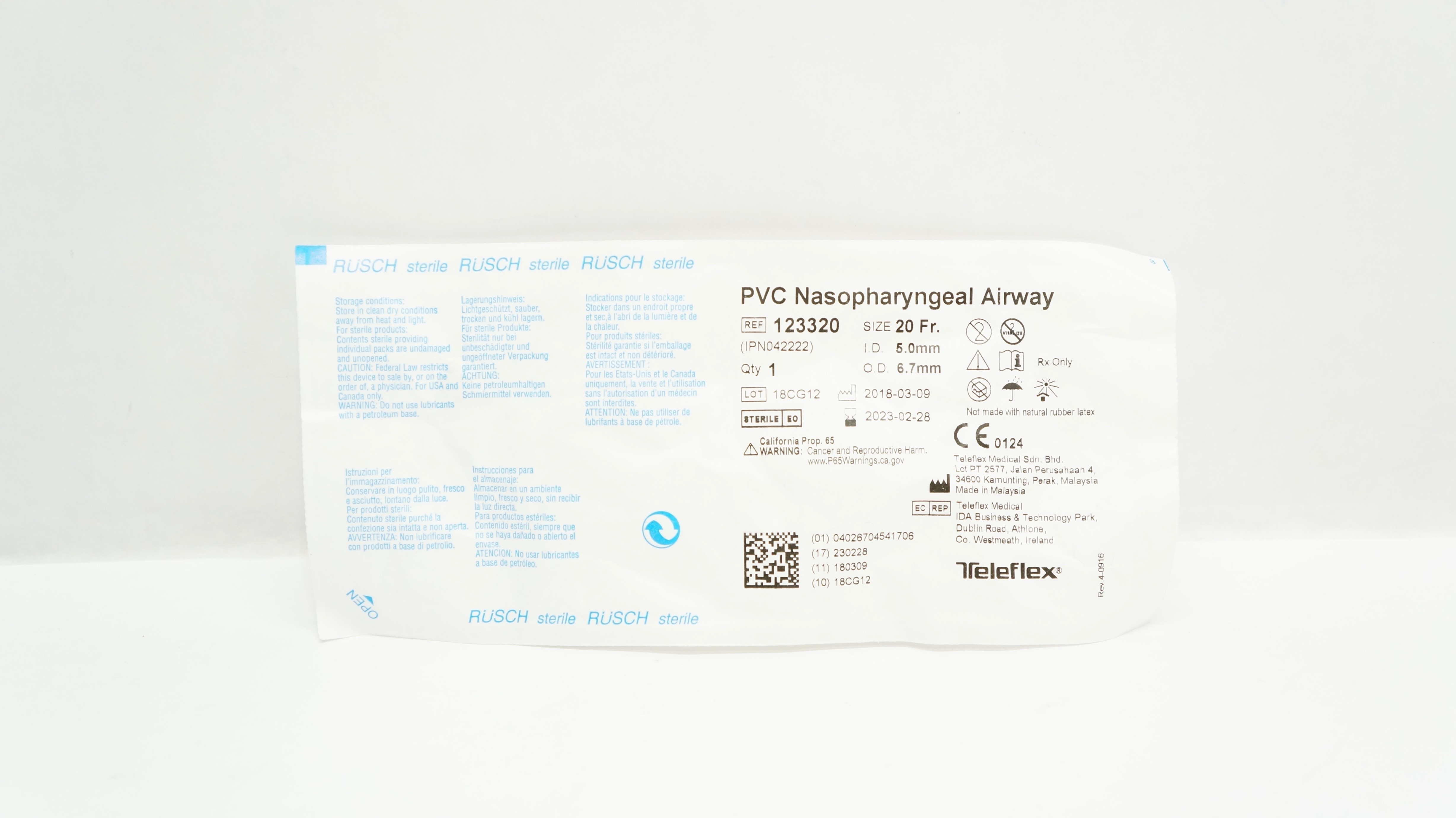 Teleflex 123320 Rusch PVC Nasopharyngeal Airway 20Fr x 5.0mm ID x 6.7mm OD (x)