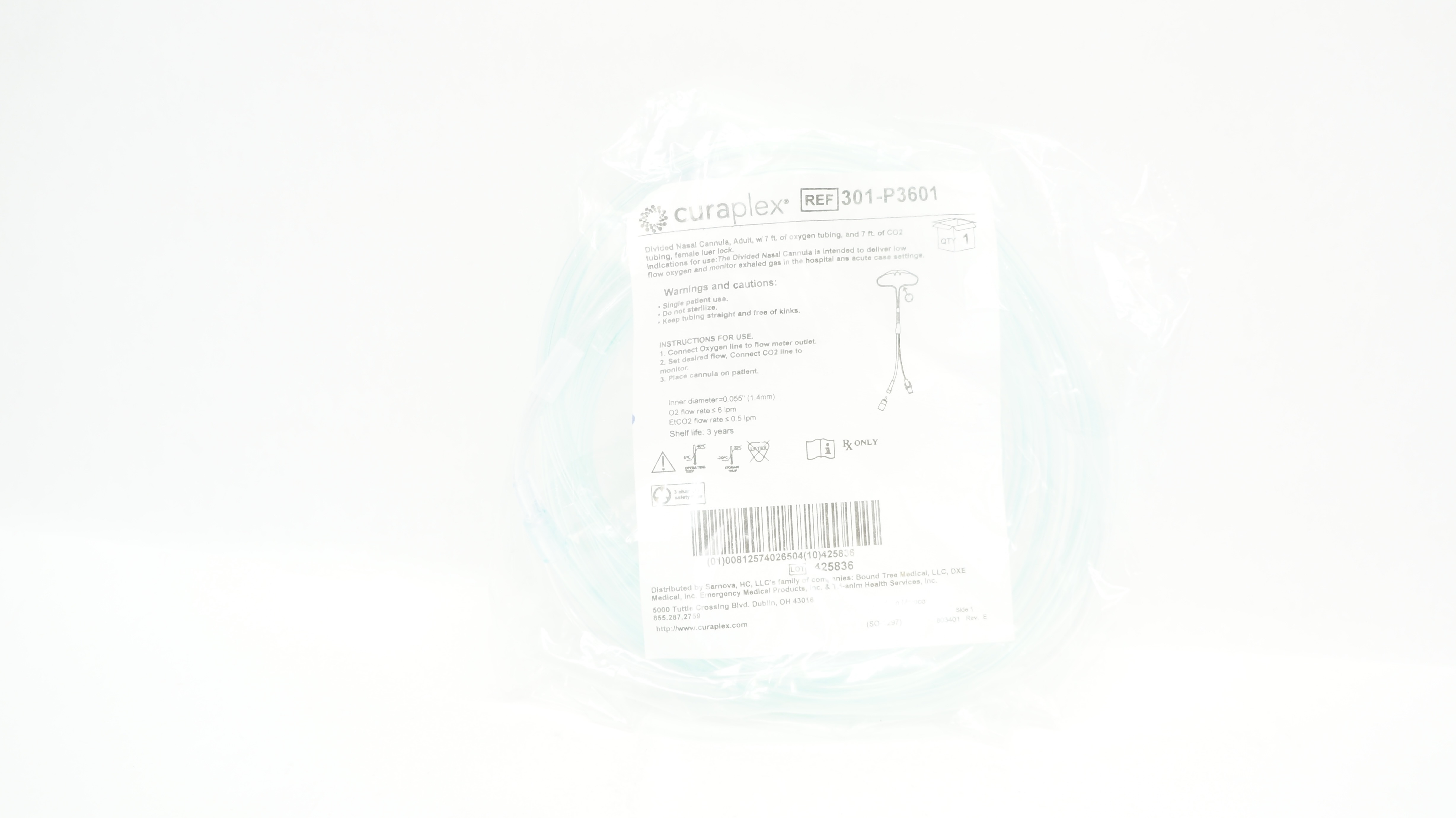 Curaplex 301-P3601 Divided Nasal Cannula, Adult w/7ft. Oxygen & CO2 Tubing