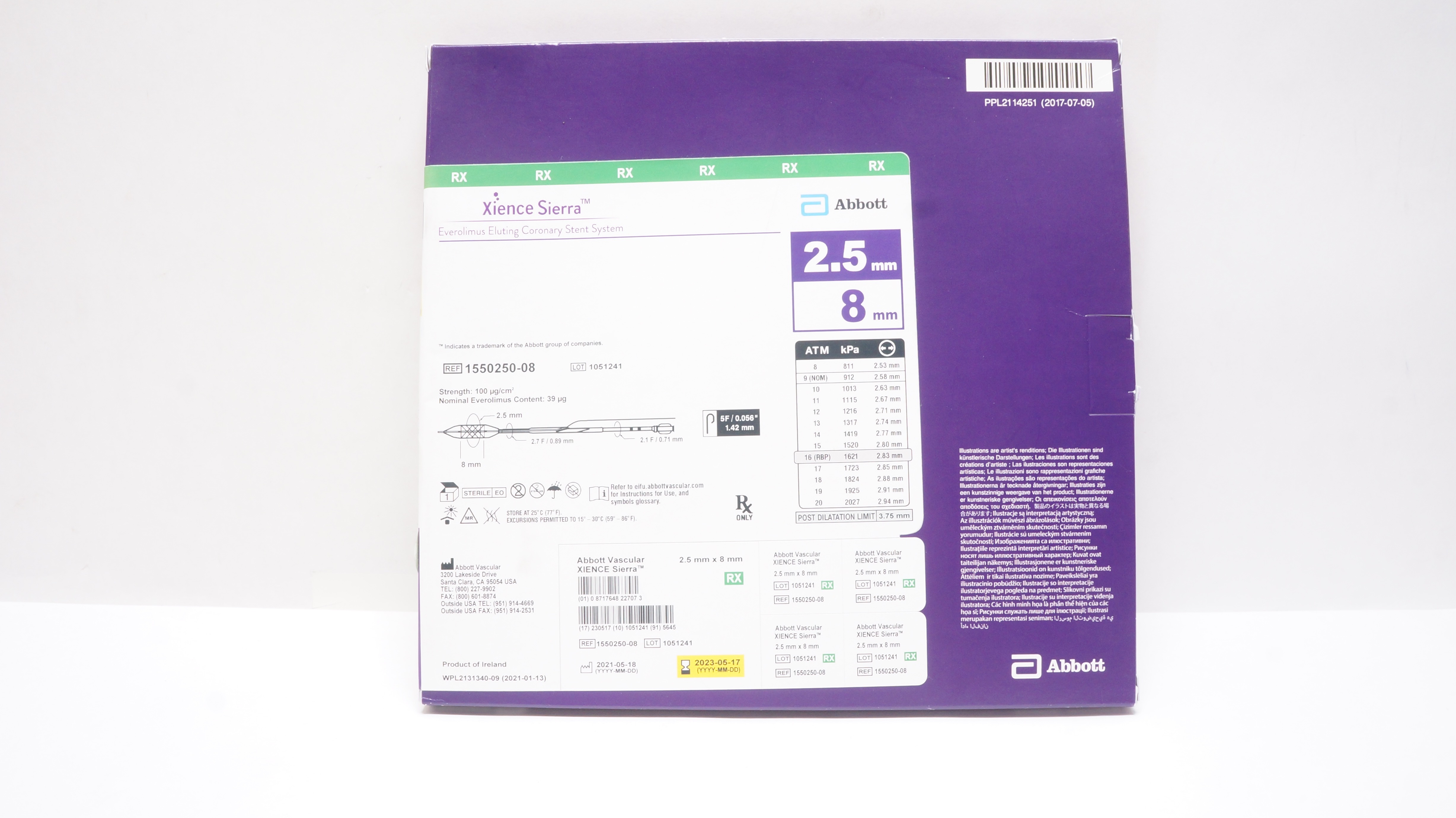 Abbott 1550250-08 Vascular XIENCE Sierra Coronary Stnt System 2.5mm x 8mm (x)
