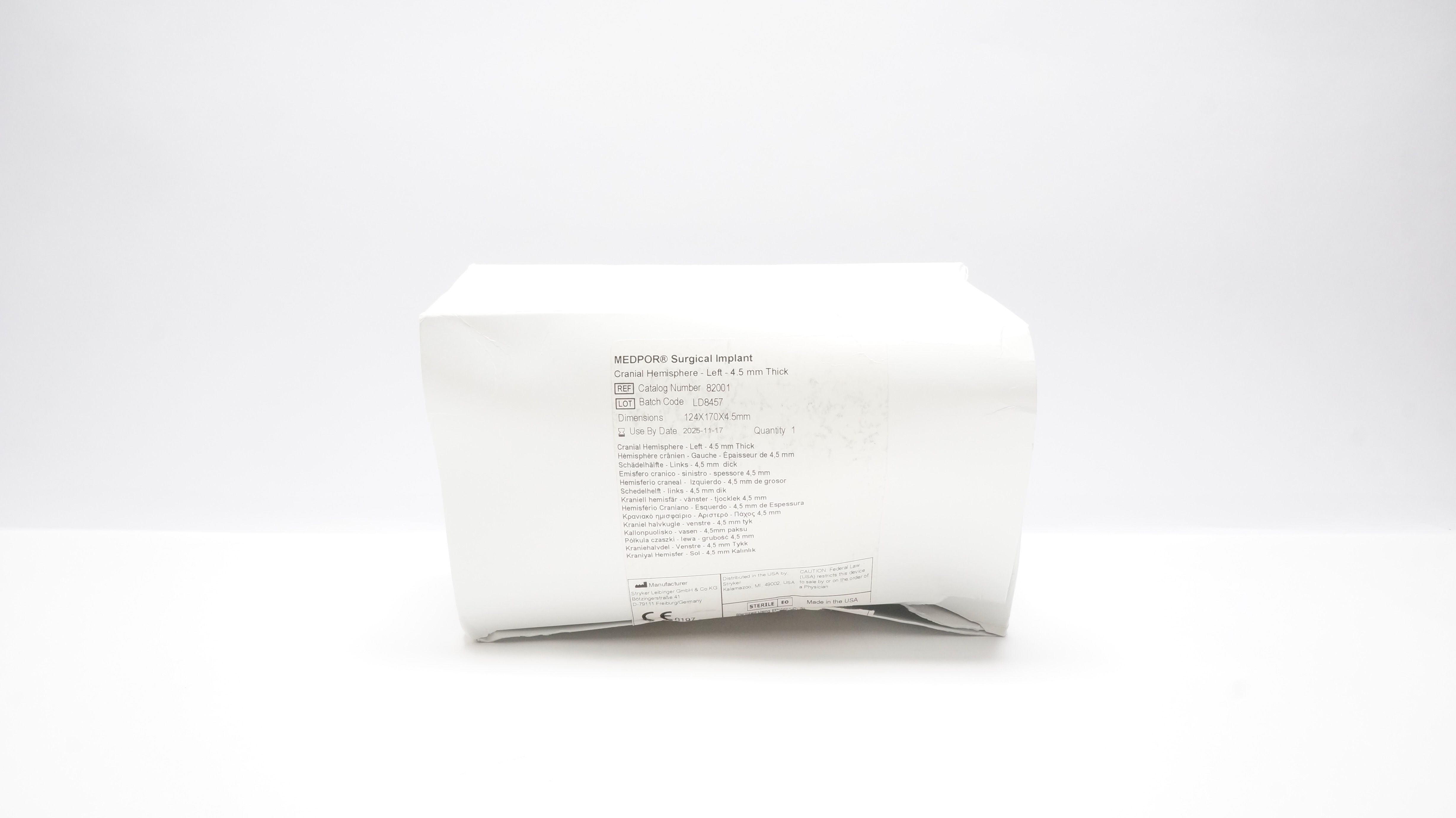 Stryker 82001 MEDPOR Surgical Implant, Cranial Hemisphere, Left, 4.5mm Thick