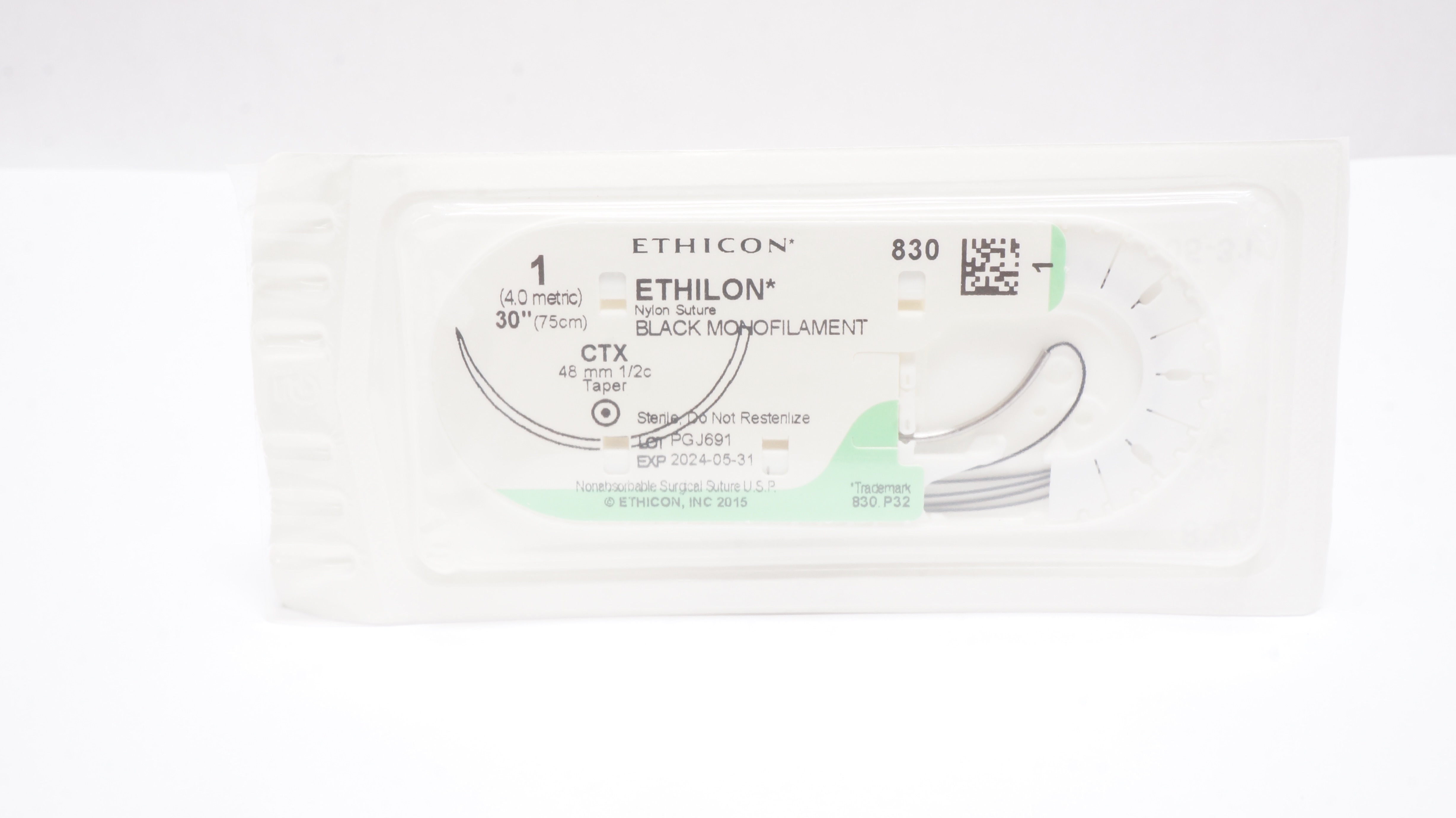 Ethicon 830 Ethilon 1 Black Monofilament CTX 48mm 1/2c Taper 30Inch