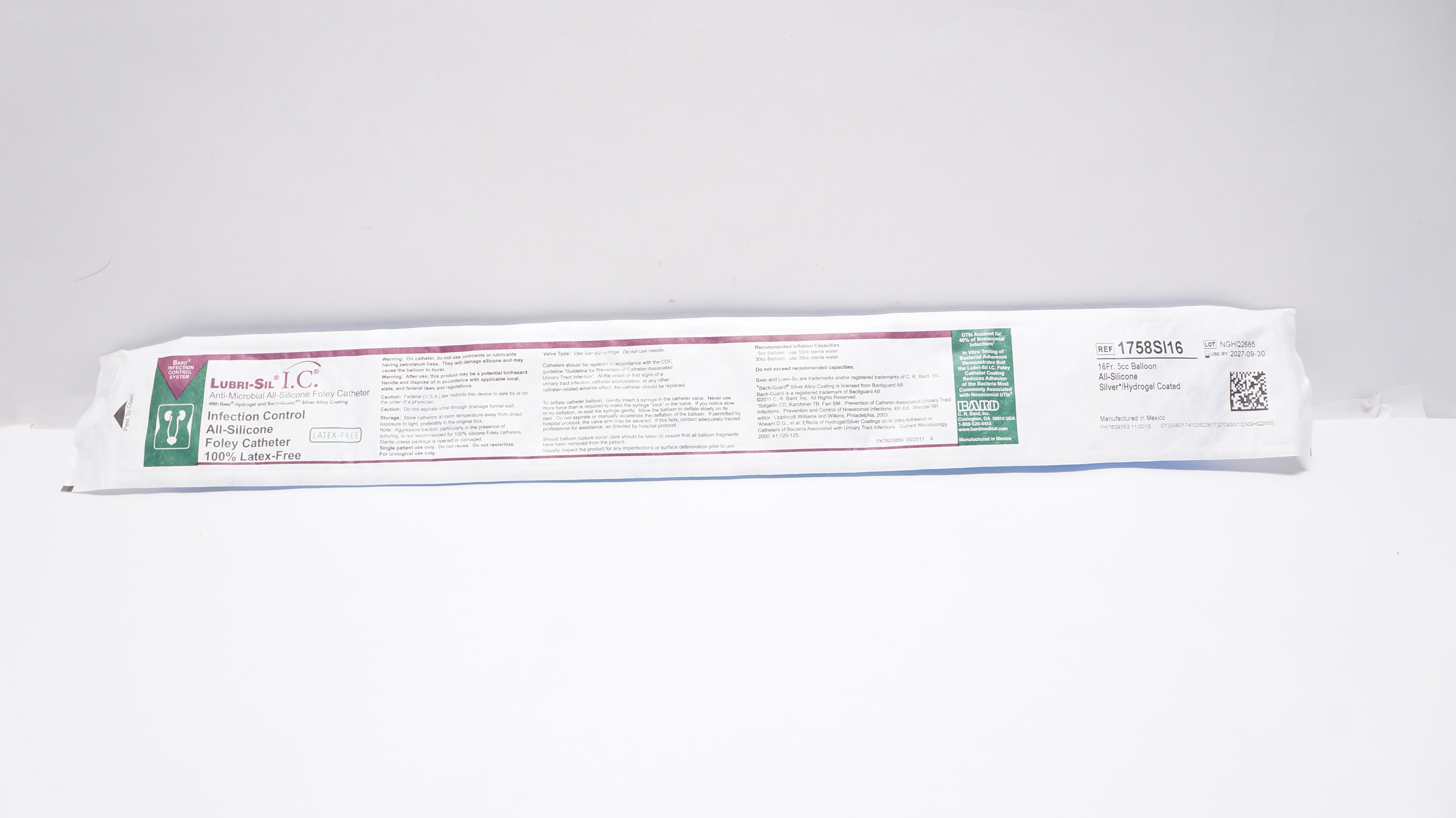 Bard 1758SI16 Lubri-Sil I.C. Anti-Microbial Foley Cath. 16Fr 5cc Ribbed Balloon