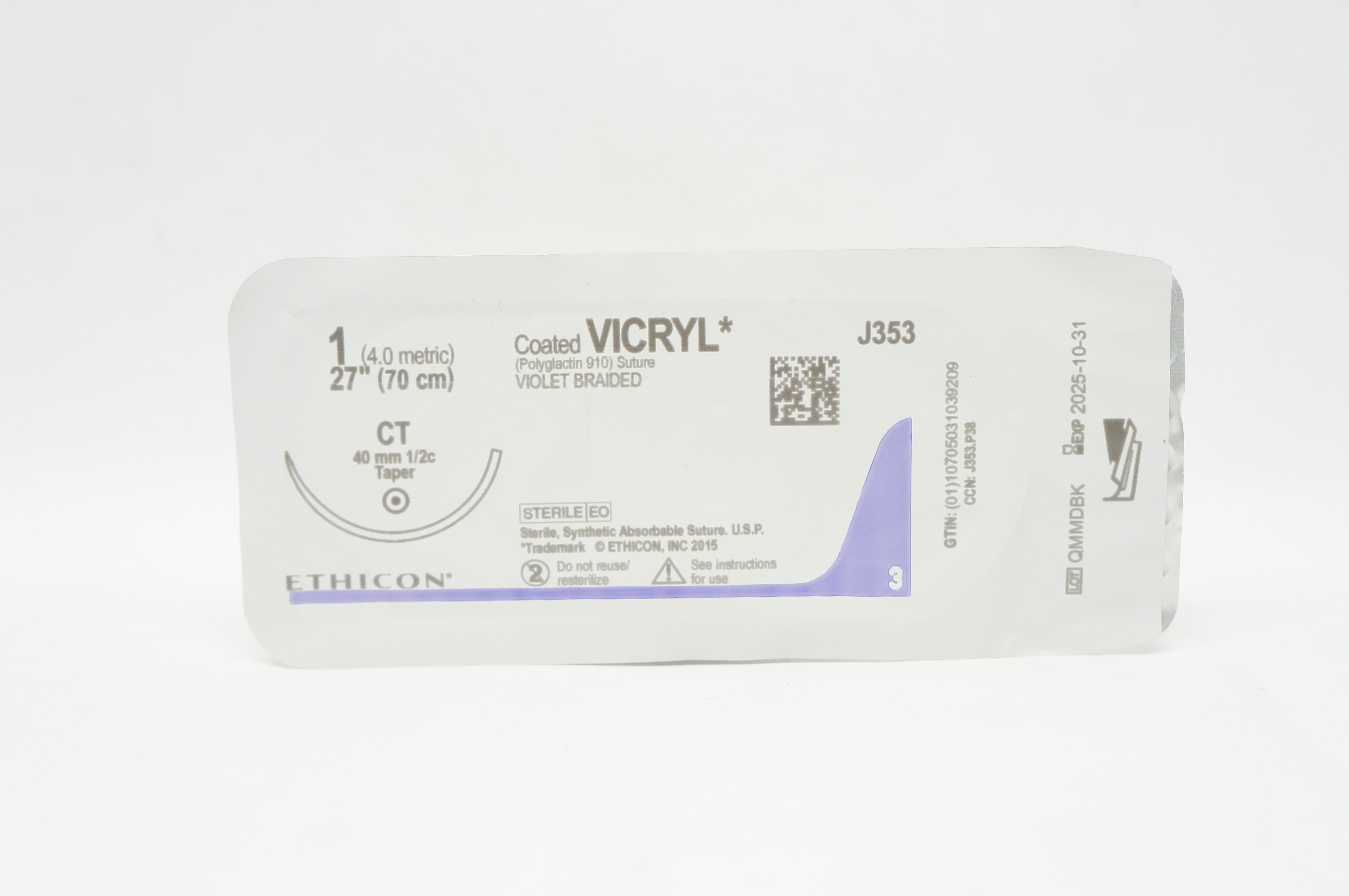 Ethicon J353 1 Coated VICRYL Polyglactin 910 Stre CT 40 mm 1/2c Taper, 27 inch
