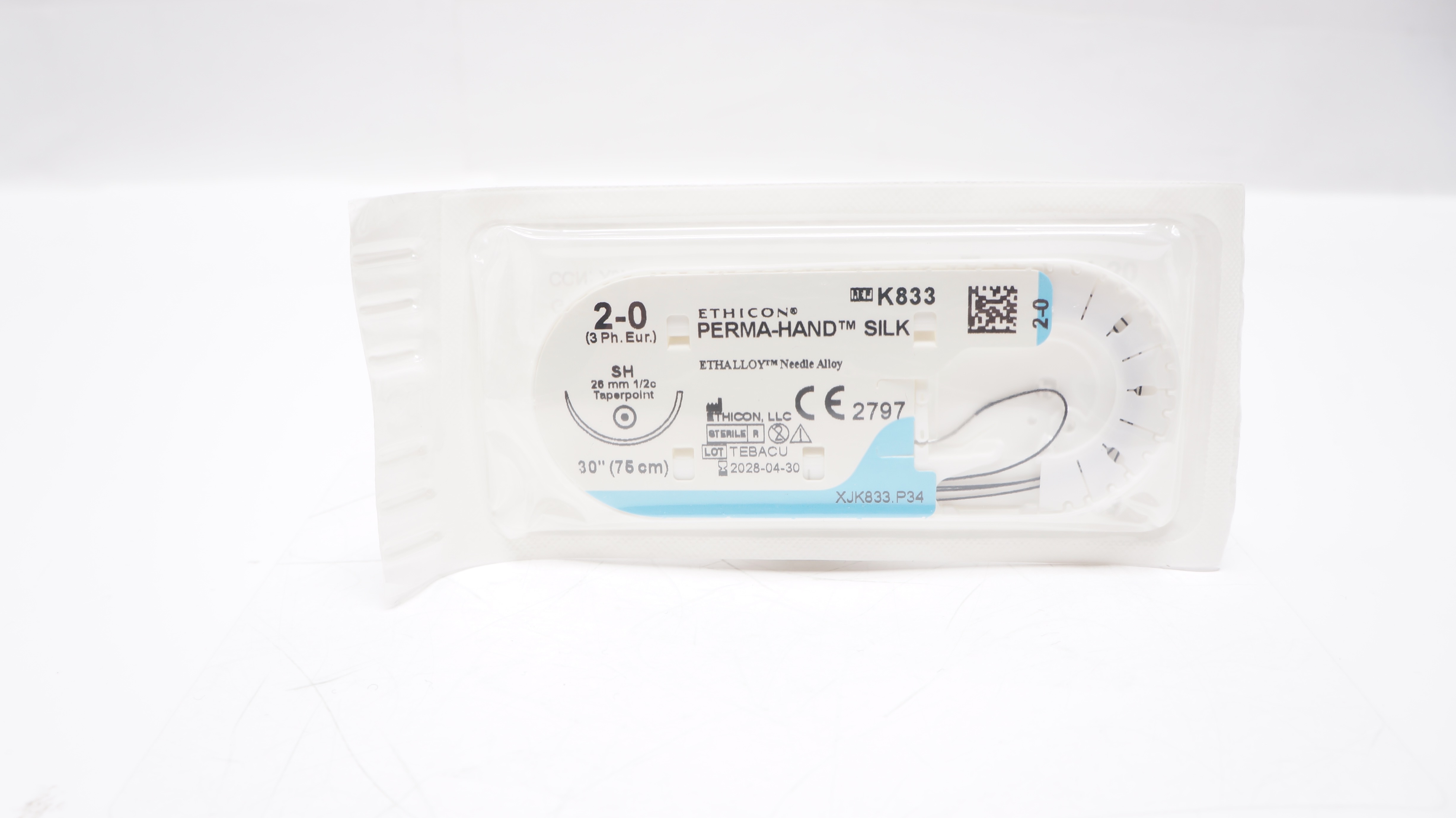 Ethicon K833 2-0 PERMA-HAND SILK Stre, SH 26mm 1/2c Taperpoint, 30inch