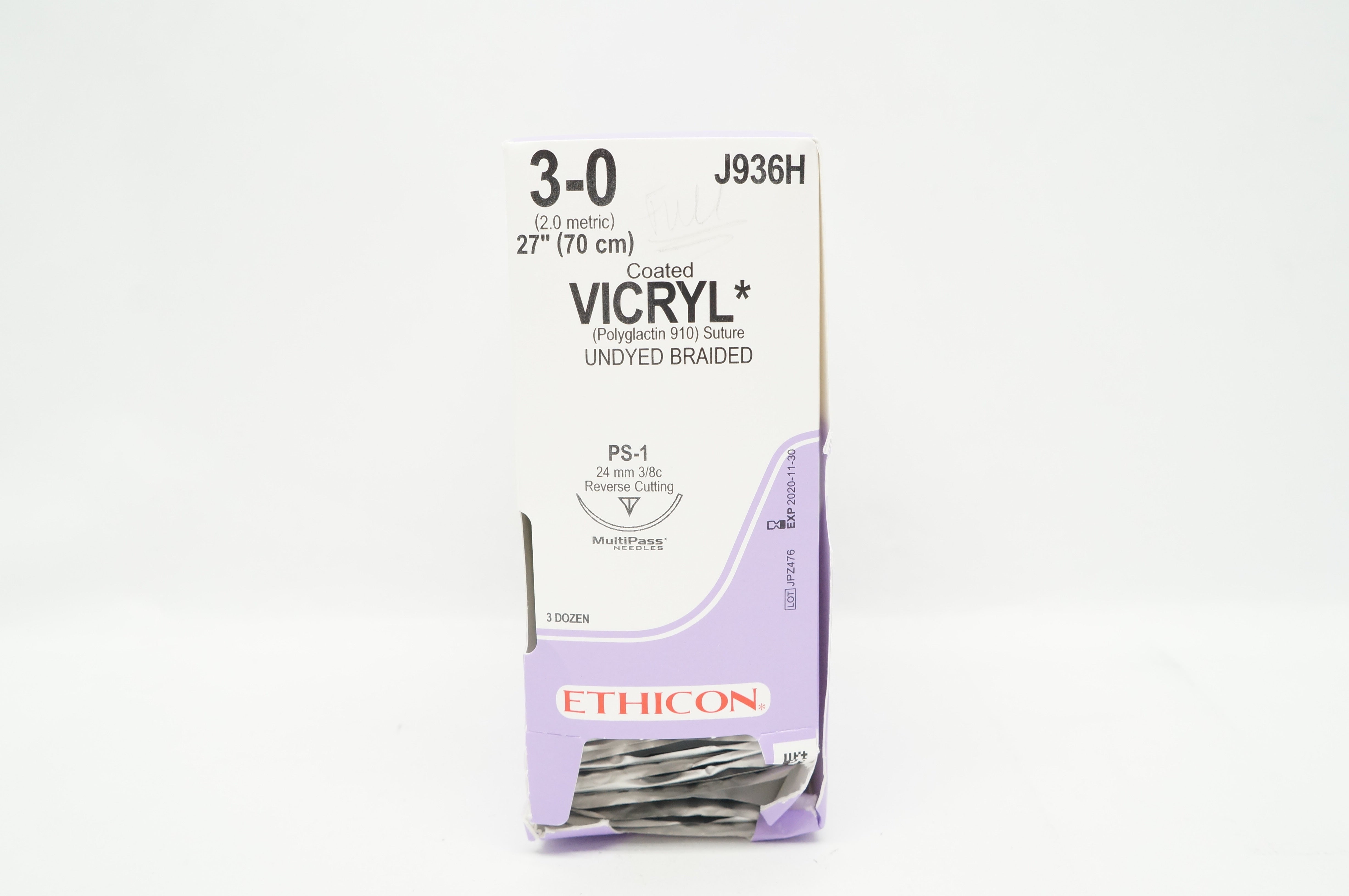 Ethicon J936H 3-0 VICRYL PS-1 24mm 3/8c Reverse Cutting, 27inch ~ Box of 36 (x)