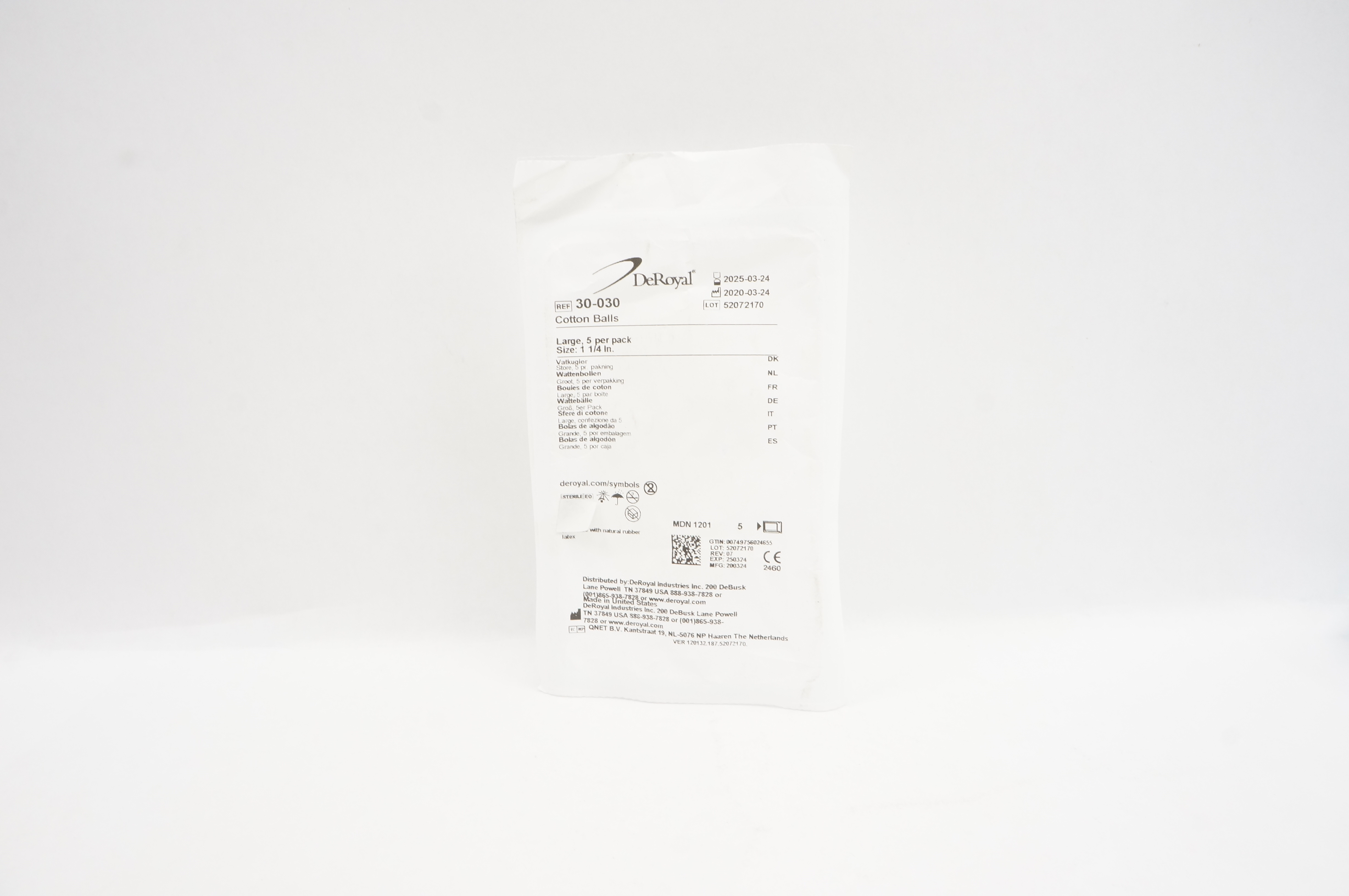 DeRoyal 30-030 Cotton Balls Large Size 1-1/4inch - Pack of 5