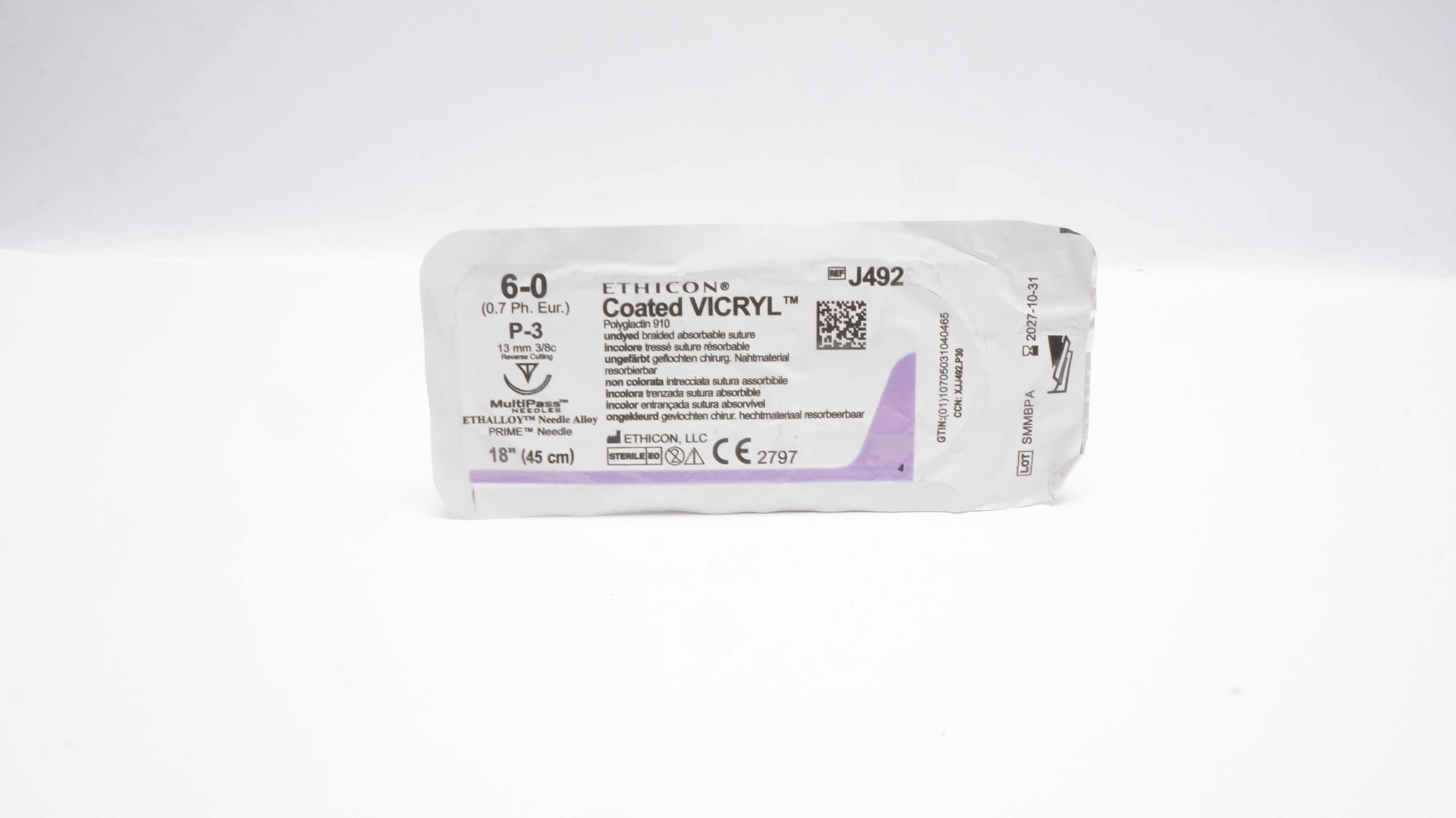 Ethicon J492 6-0 VICRYL Polyglactin Stre P-3 13mm 3/8c Reverse Cutting 18inch