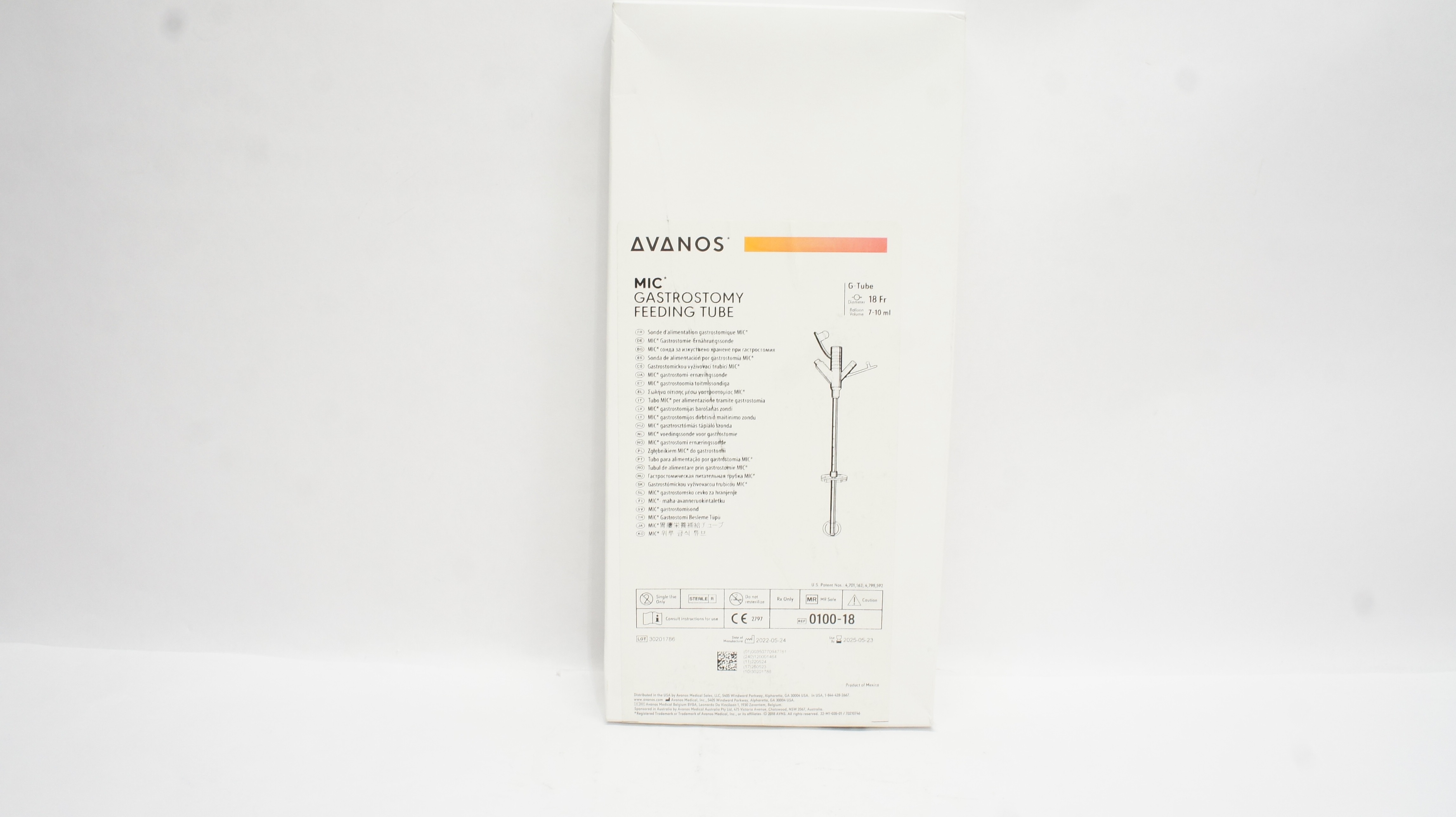 Avanos 0100-18 MIC Gastrostomy Feeding G-Tube 18Fr x 7-10ml