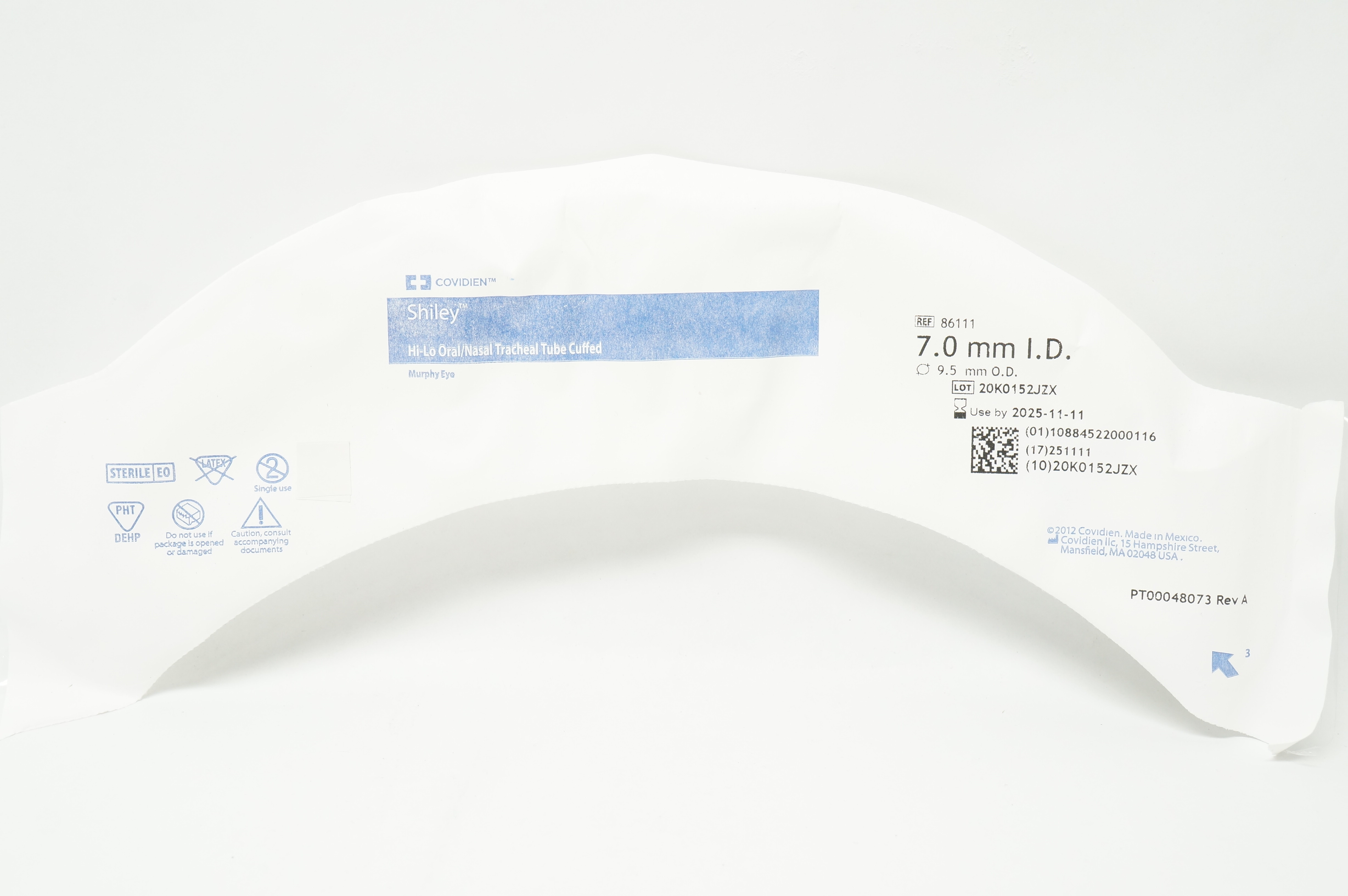 Covidien 86111 Shiley Hi-Lo Oral/Nasal Tracheal Tube Cuffed 7.0mm ID x 9.5mm OD