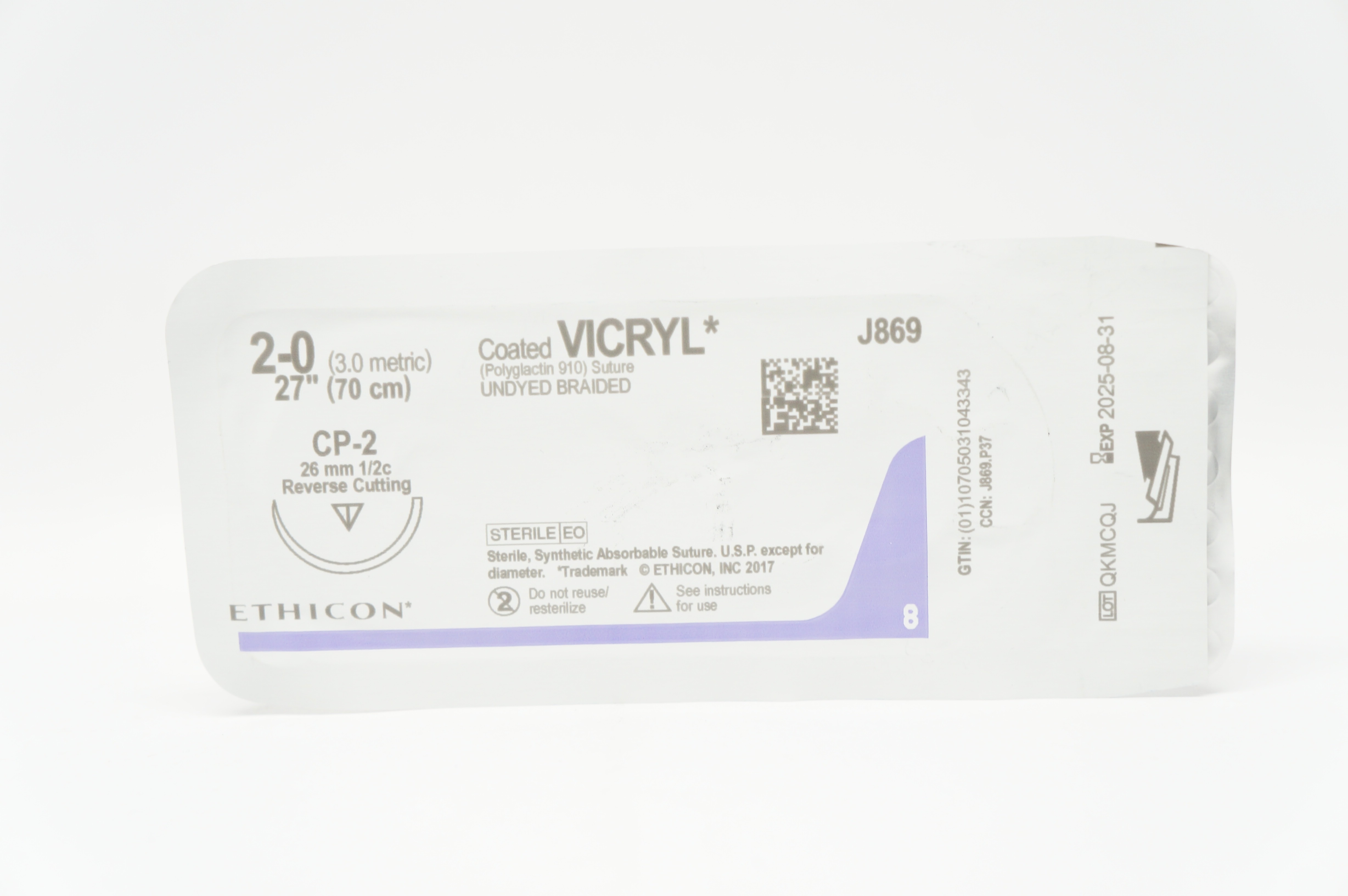 Ethicon J869 2-0 Coated Vicryl Stre CP-2 26mm 1/2c Reverse Cutting, 27inch