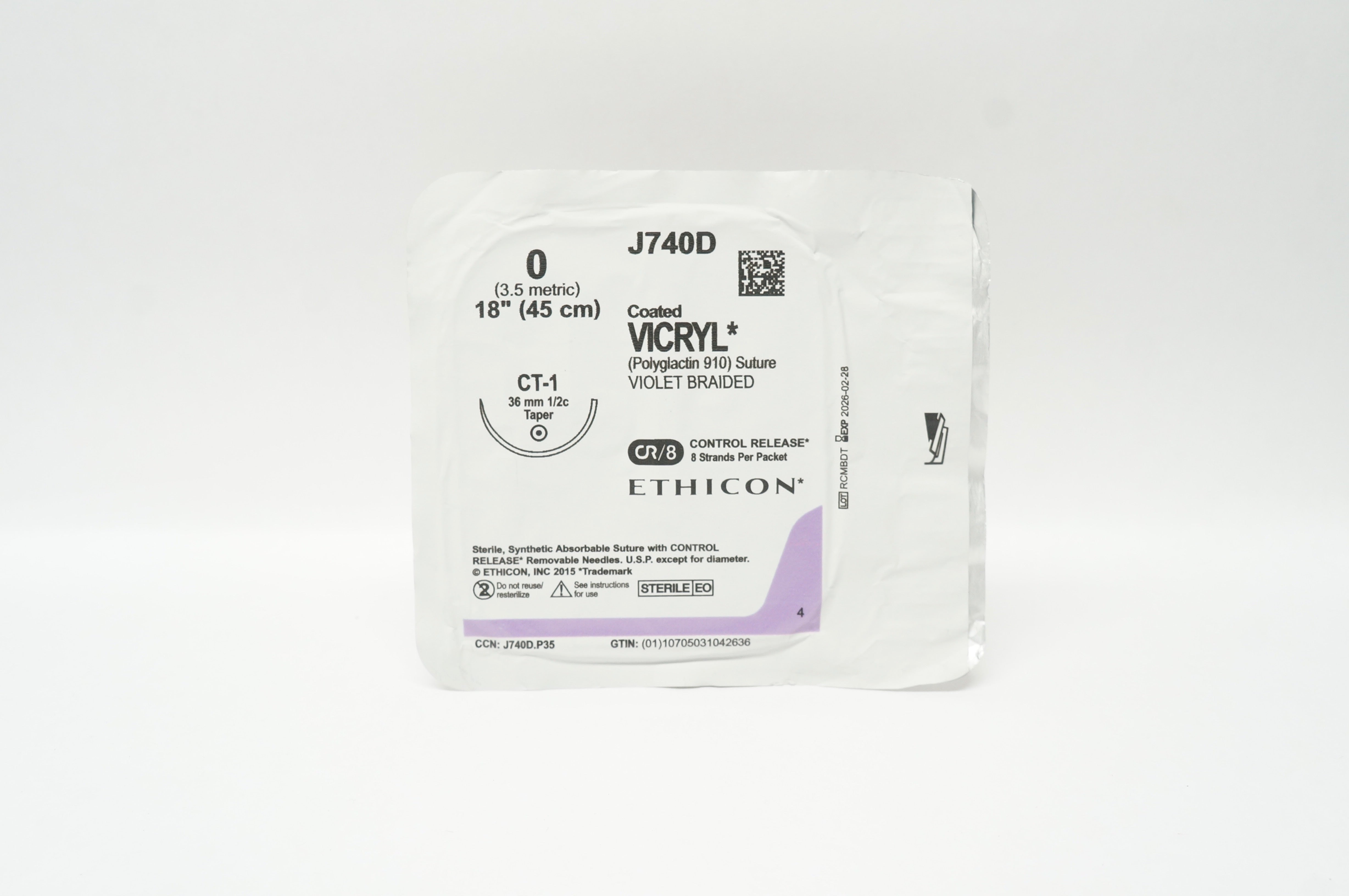 Ethicon J740D 0 Coated VICRYL CT-1 36mm 1/2c Taper 18inch