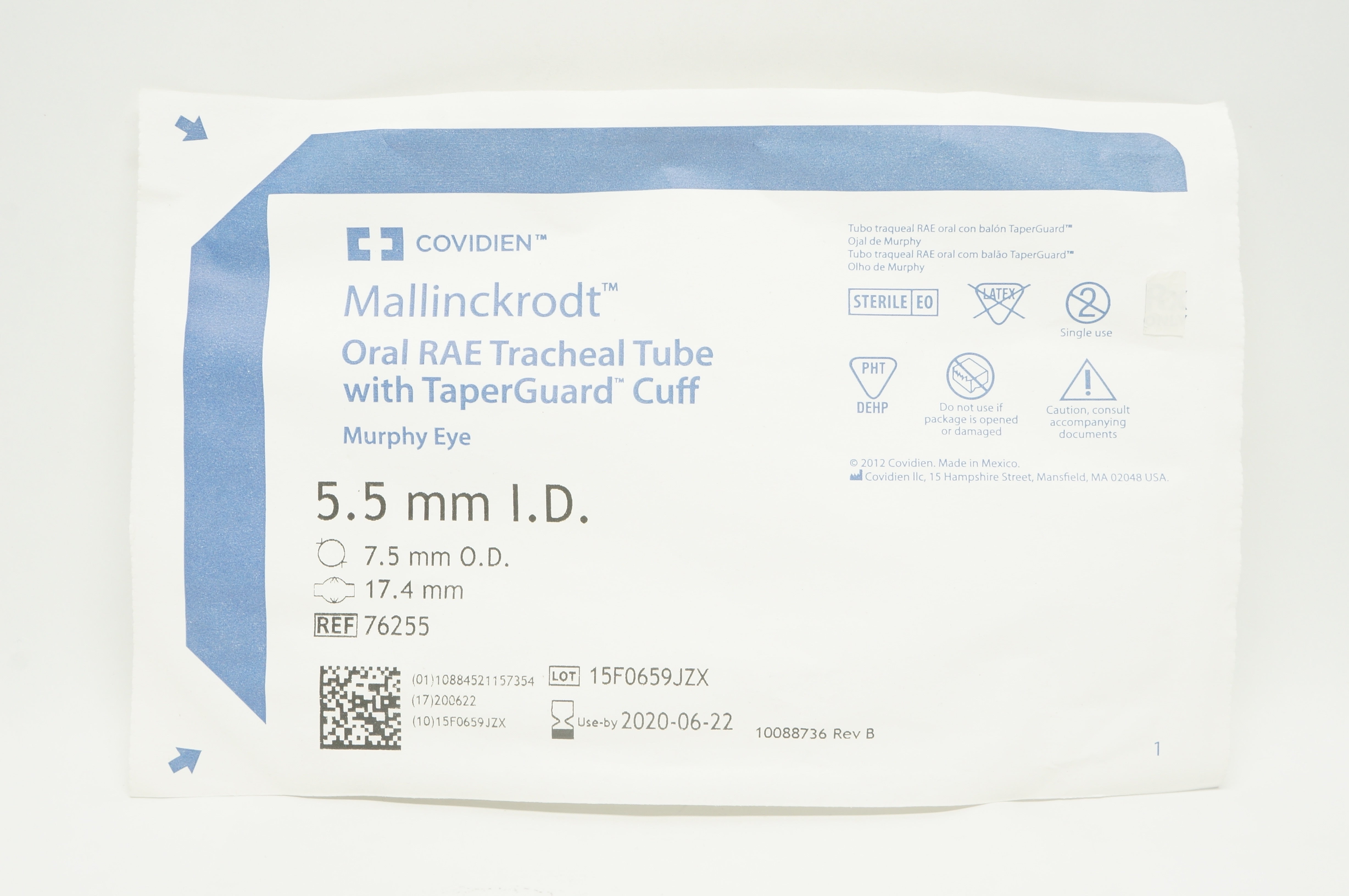 Covidien 76255 Mallinckrodt Oral RAE Tracheal Tube with Cuff  5.5 x 7.5mm (x)