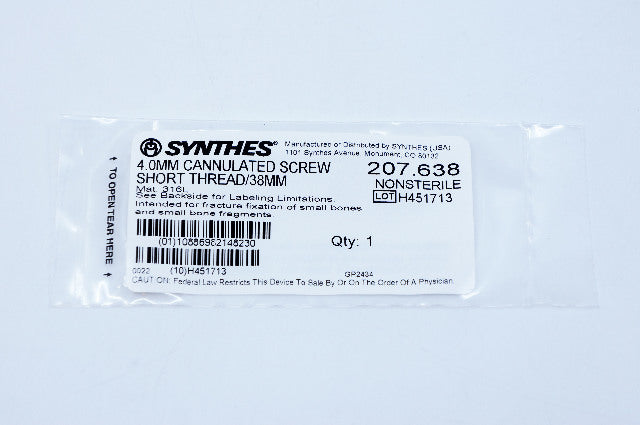 Synthes 207.638 4.0mm Cannulated Screw Short Thread 38mm