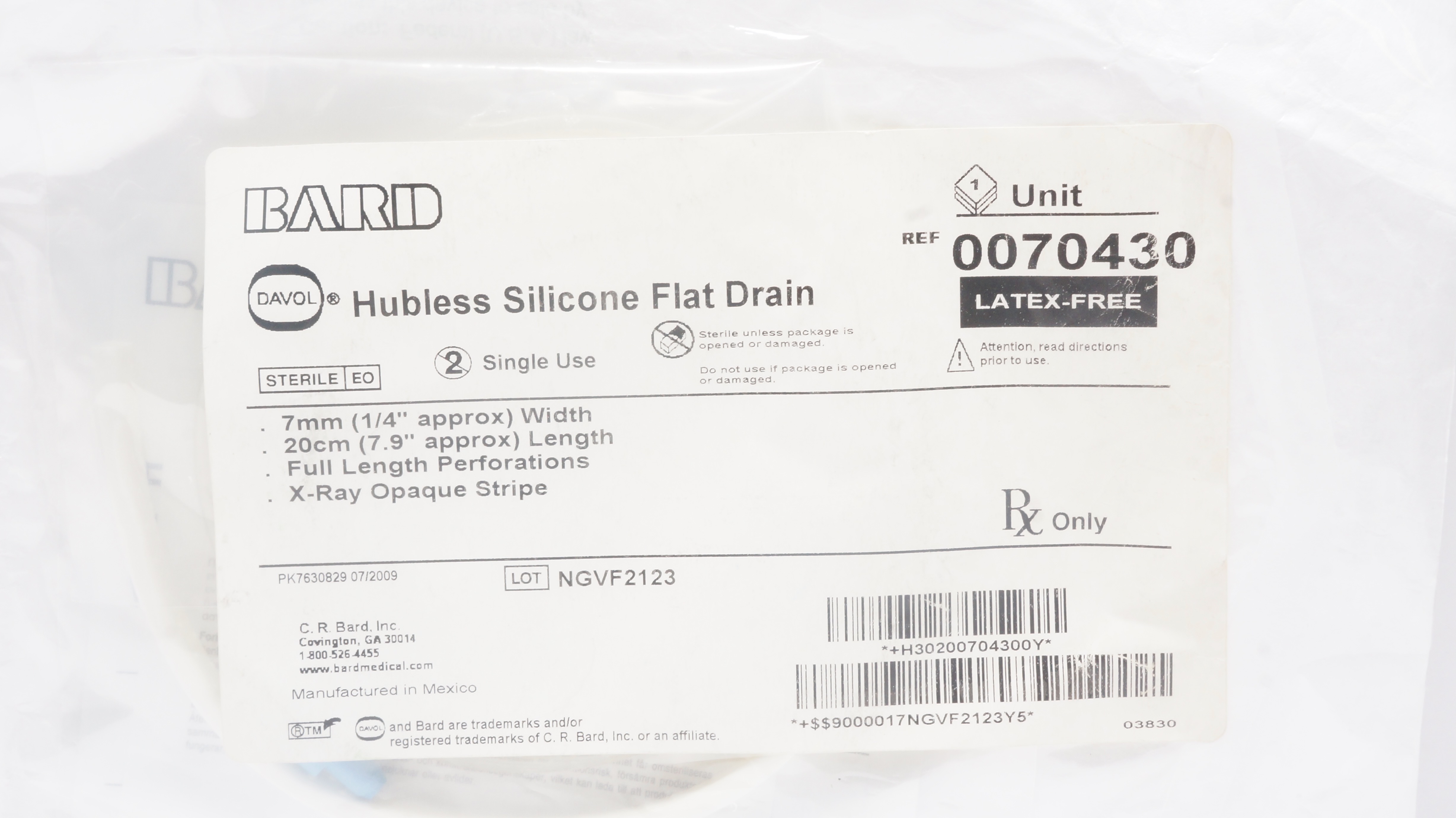 Bard 0070430 Davol Hubless Silicone Flat Drain 1/4inch x 7.9inch Approx.